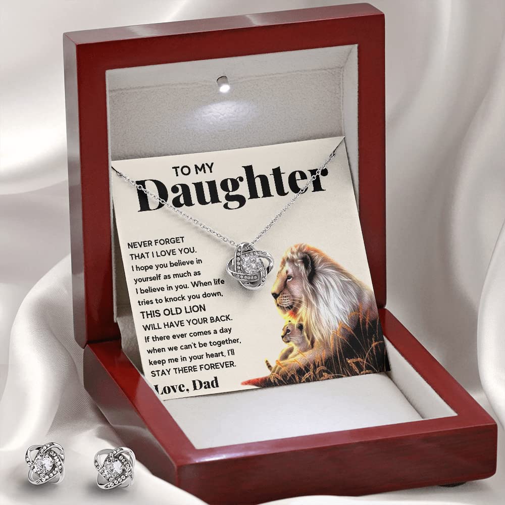 Father Daughter Necklace - Personalized Jewelry Gift for Daughter from Dad, Birthday, Graduation, Christmas Present with Message Card & LED Gift Box (Includes Earrings, Lion Knot Set) - Perfect for Special Occasions & Heartfelt Moments