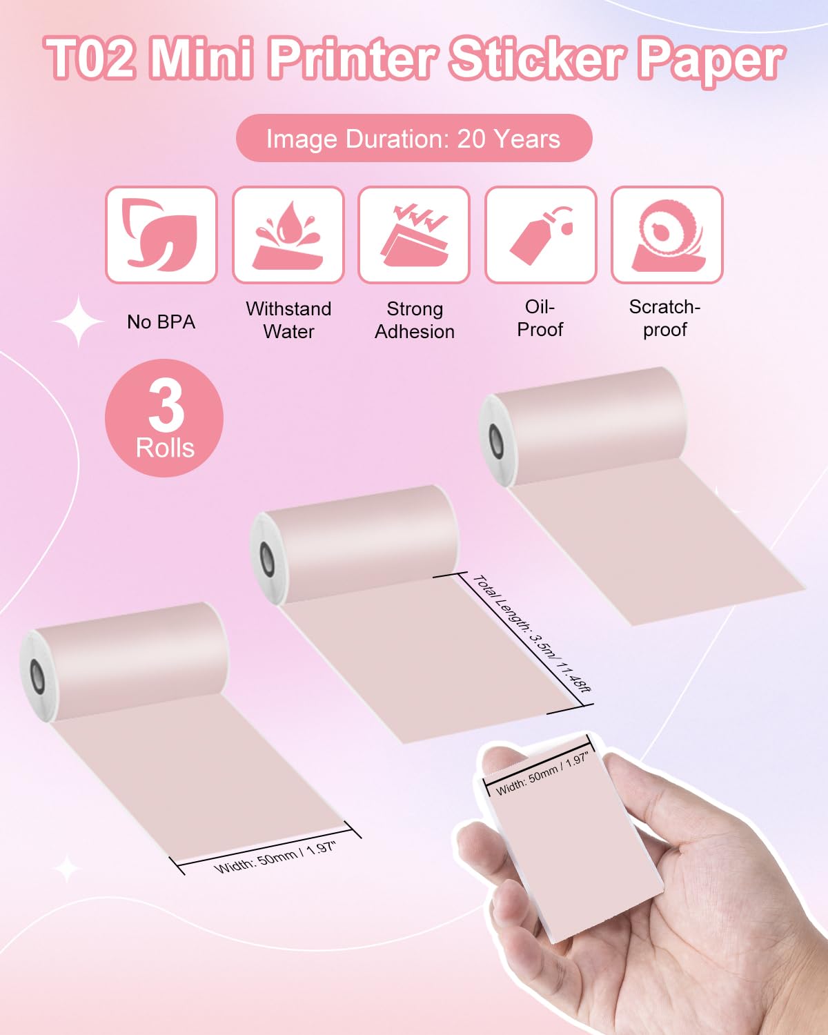 Memoking T02/M02X/M02L Sticker Paper Refill - Pink Adhesive Mini Printer Sticker Rolls (50mm x 3.5m, 3-Pack, 20-Year Durability) for Journaling, Photo Albums, Study Notes & DIY Crafts