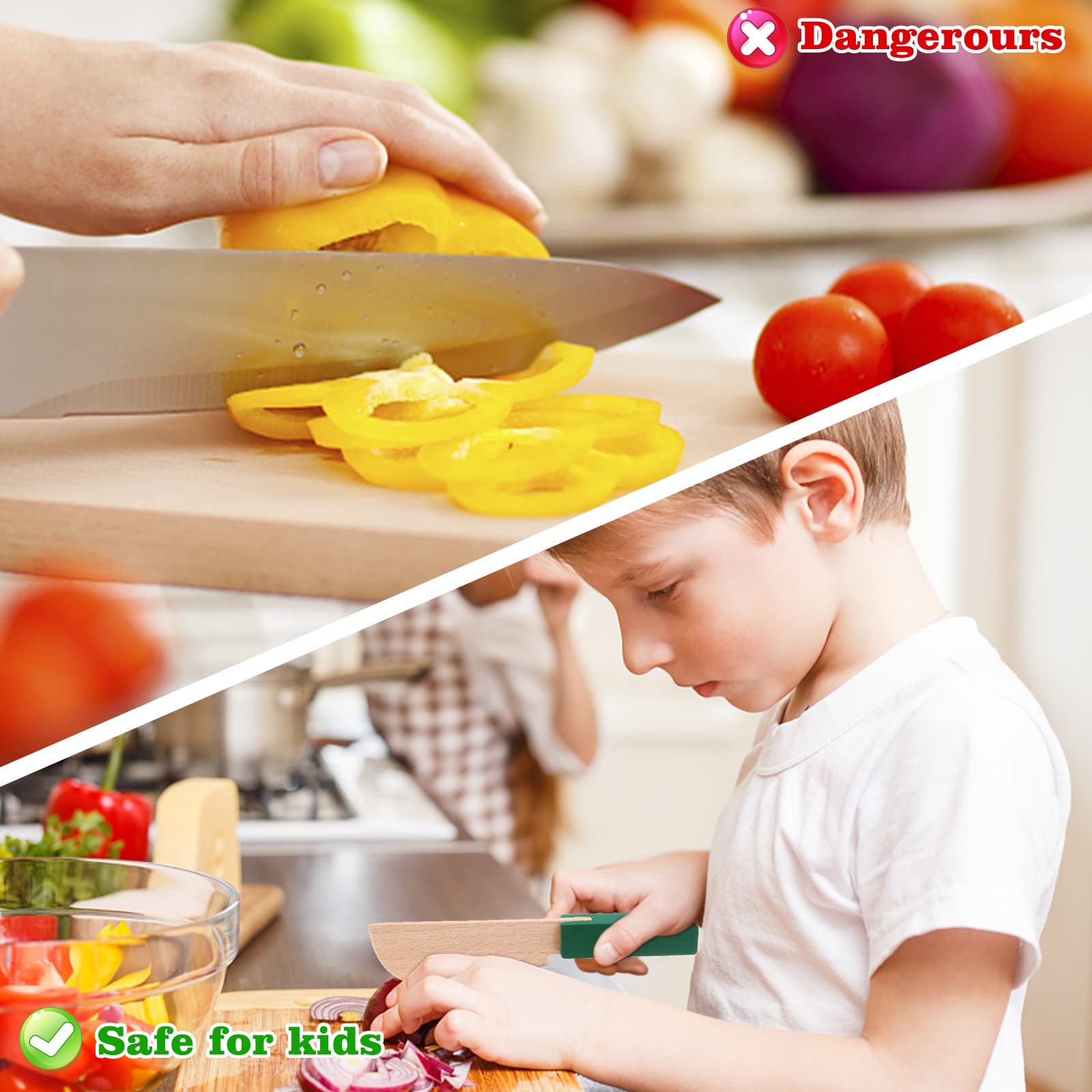 VAIPI 4-Piece Wooden Kids Knife Set - Safe Cooking Utensils for Children with Rectangle Cutting Board - Perfect for Chopping Veggies, Lettuce, Fruits, Salad & Cake - Ideal for Kids Kitchen Play & Early Cooking Skills Development