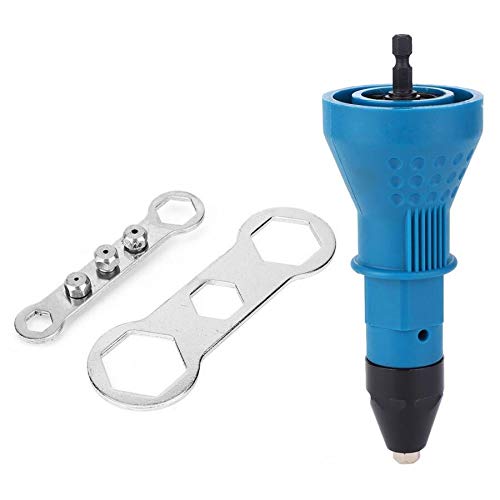 **Blue Cordless Electric Rivet Gun Adapter Kit - 4 Convertible Heads & 2 Wrenches for Drill Insert Nut Tool - Perfect for DIY, Metalworking, and Automotive Repairs**