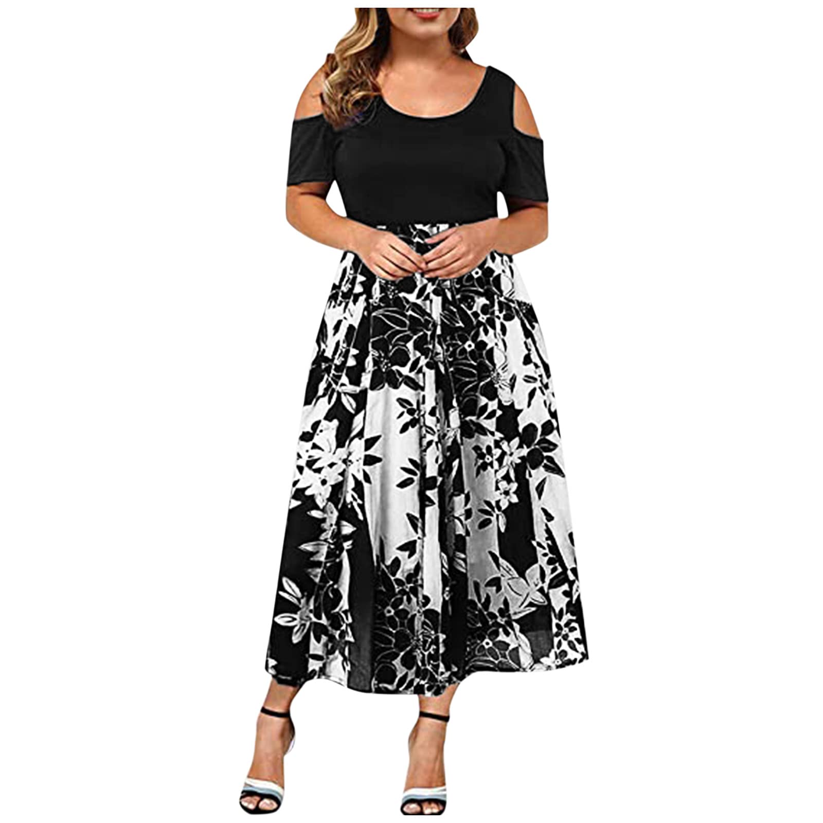 Strapless Casual Dress for Women - Sleeve Plus Short Hollow Printing Round Neck, Plus Size & Regular Sizes | Perfect for Summer Outfits, Beach Wear, and Party Occasions