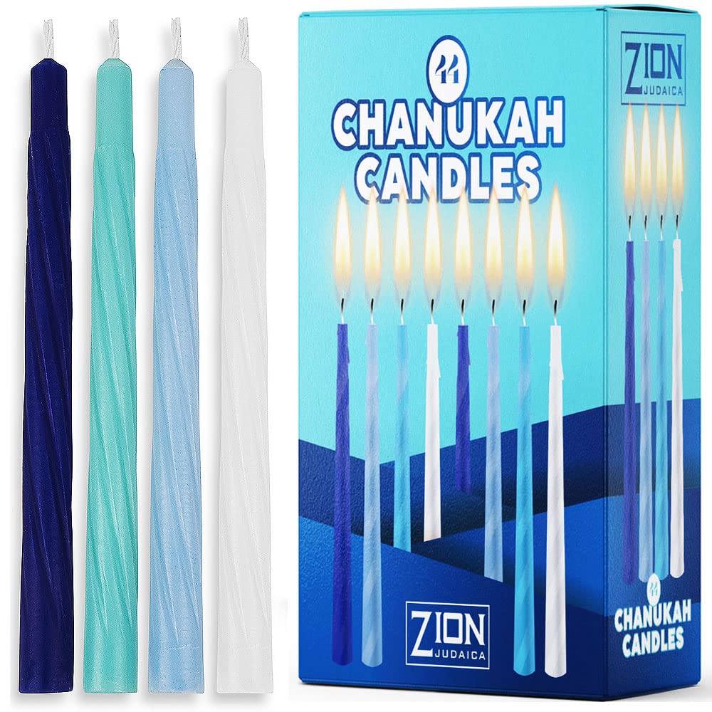 Premium Hanukkah Menorah Candles - Box of 44 Multi-Blue Wax Candles with Prayer Card | Spiral Design Fits Most Menorahs | Bulk Chanukah Candles for All 8 Nights Celebration | Perfect for Home, Synagogue & Holiday Decor by Zion Judaica
