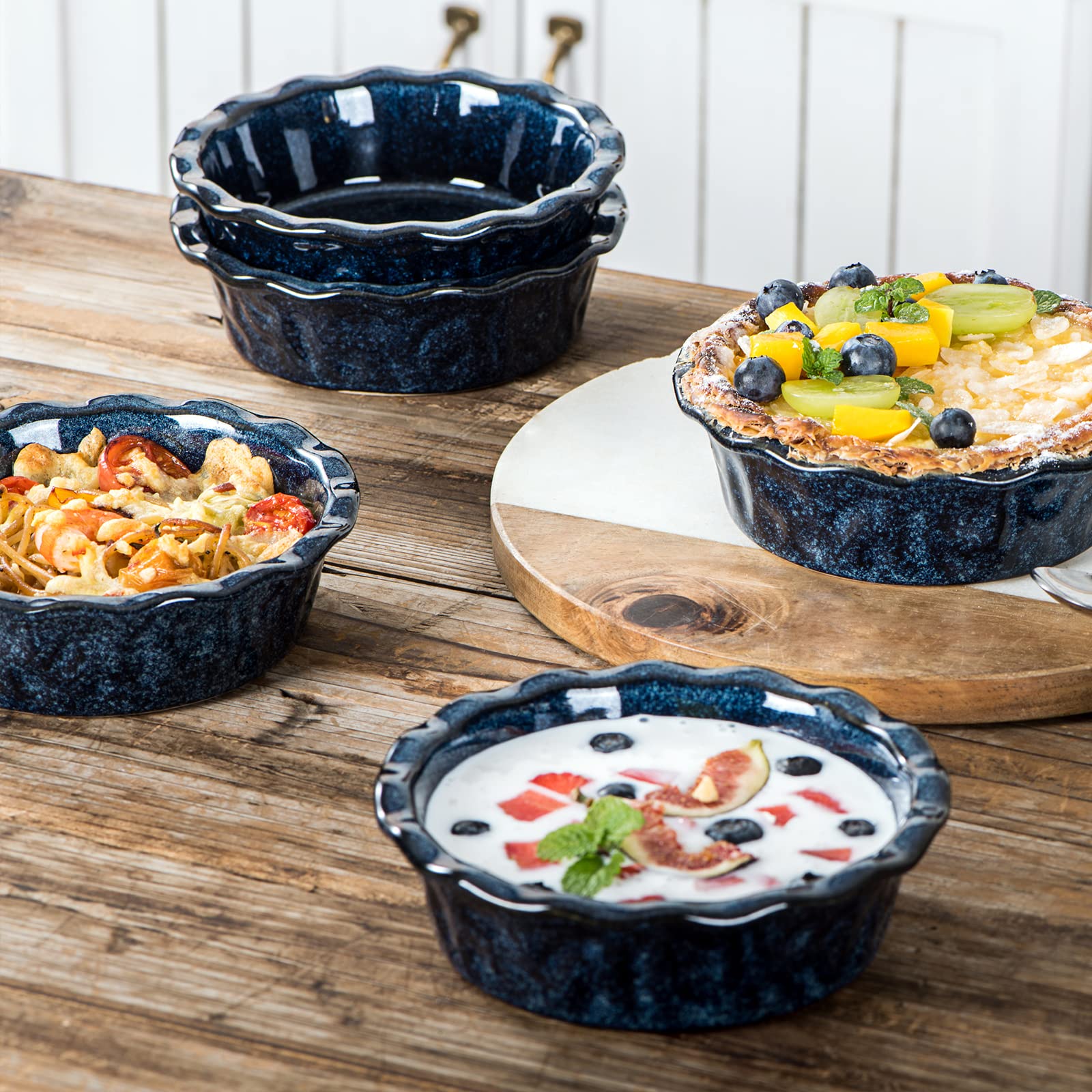 Vicrays 5.5 Inch Ceramic Pie Pan Set of 6 - Deep Dish Round Baking Dish for Apple Pie, Cake, Tart, Pizza - Microwave & Oven Safe Mini Serving Bowls - Perfect for Desserts, Pot Pies & Casseroles - Blue