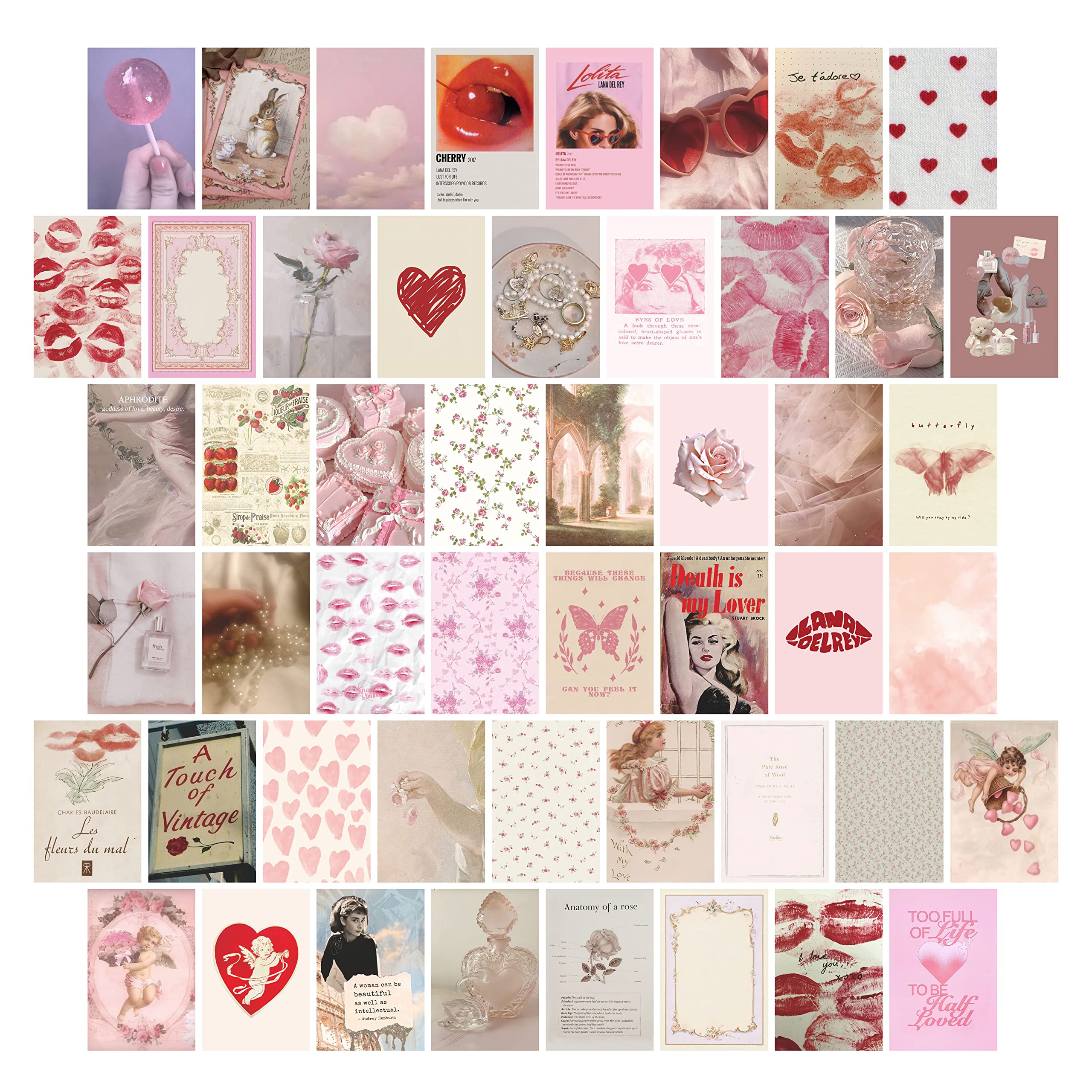 TwoDays Coquette Room Decor Aesthetic - 50pcs Vintage Pink Wall Collage Kit (4