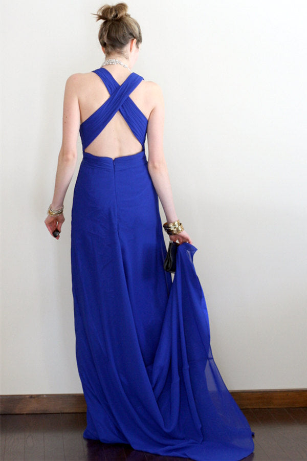 Elegant A-Line V-Neck Halter Floor-Length Crossed Back Chiffon Evening Gown for Prom, Wedding & Formal Events