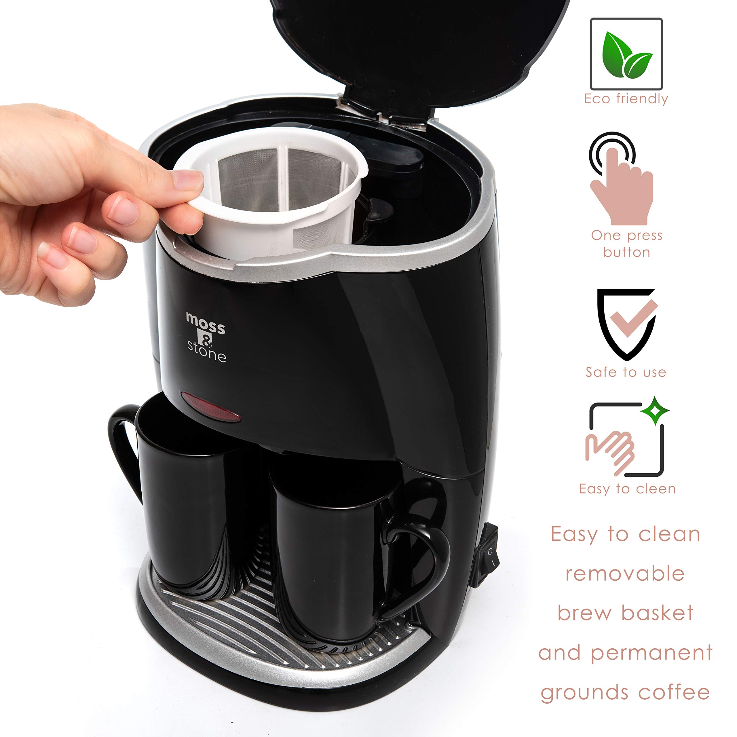 Mini Drip Coffee Maker with 2 Glass Mugs (5 oz) - Compact Coffee Pot for Home, Office & Travel - Perfect for Single Serve Brewing & Small Spaces