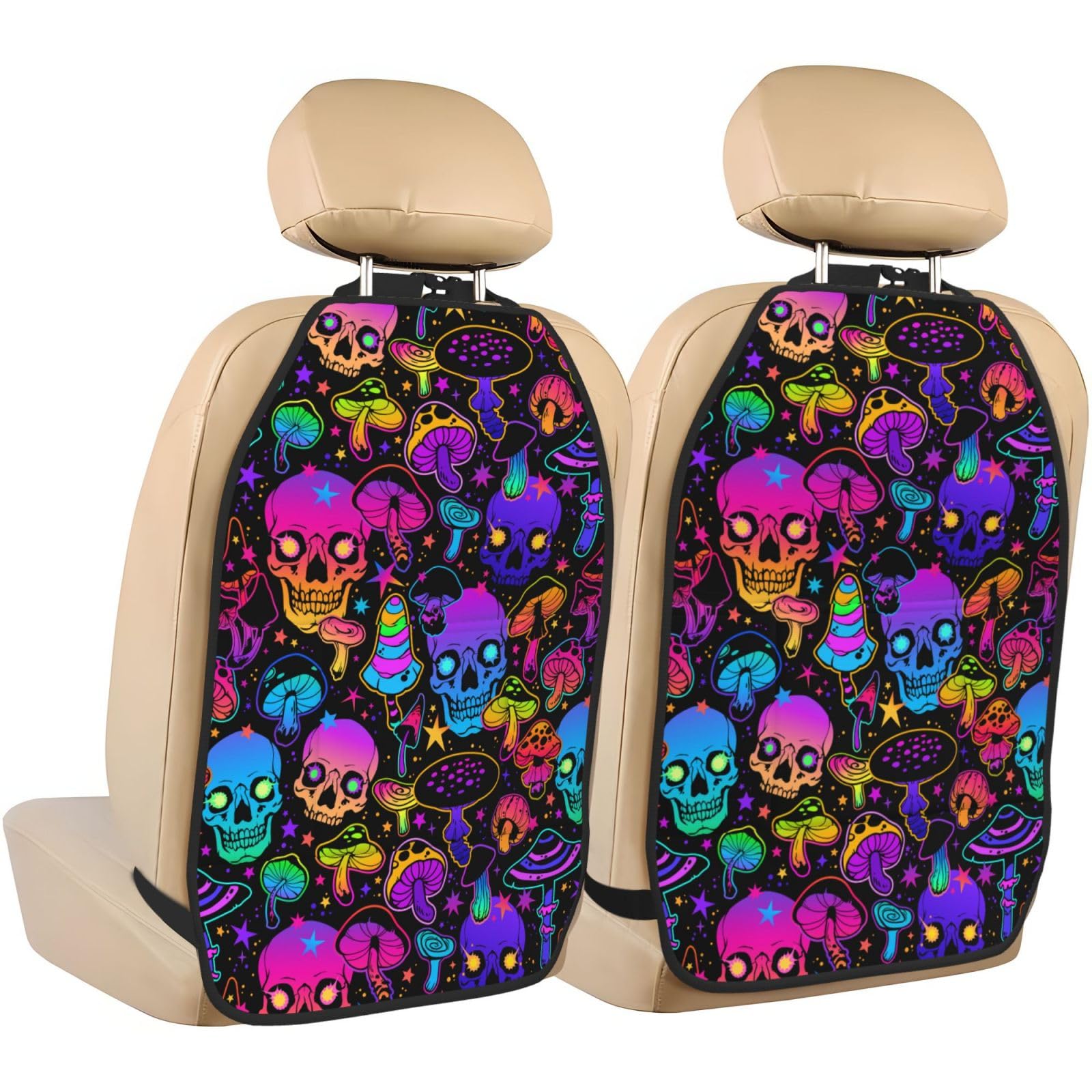 2 Pack Mushroom Skull Car Seat Back Kick Protectors with Storage Pockets - Dirt, Mud & Scratch Protection for Vehicles - Perfect for Kids, Pets & Road Trips