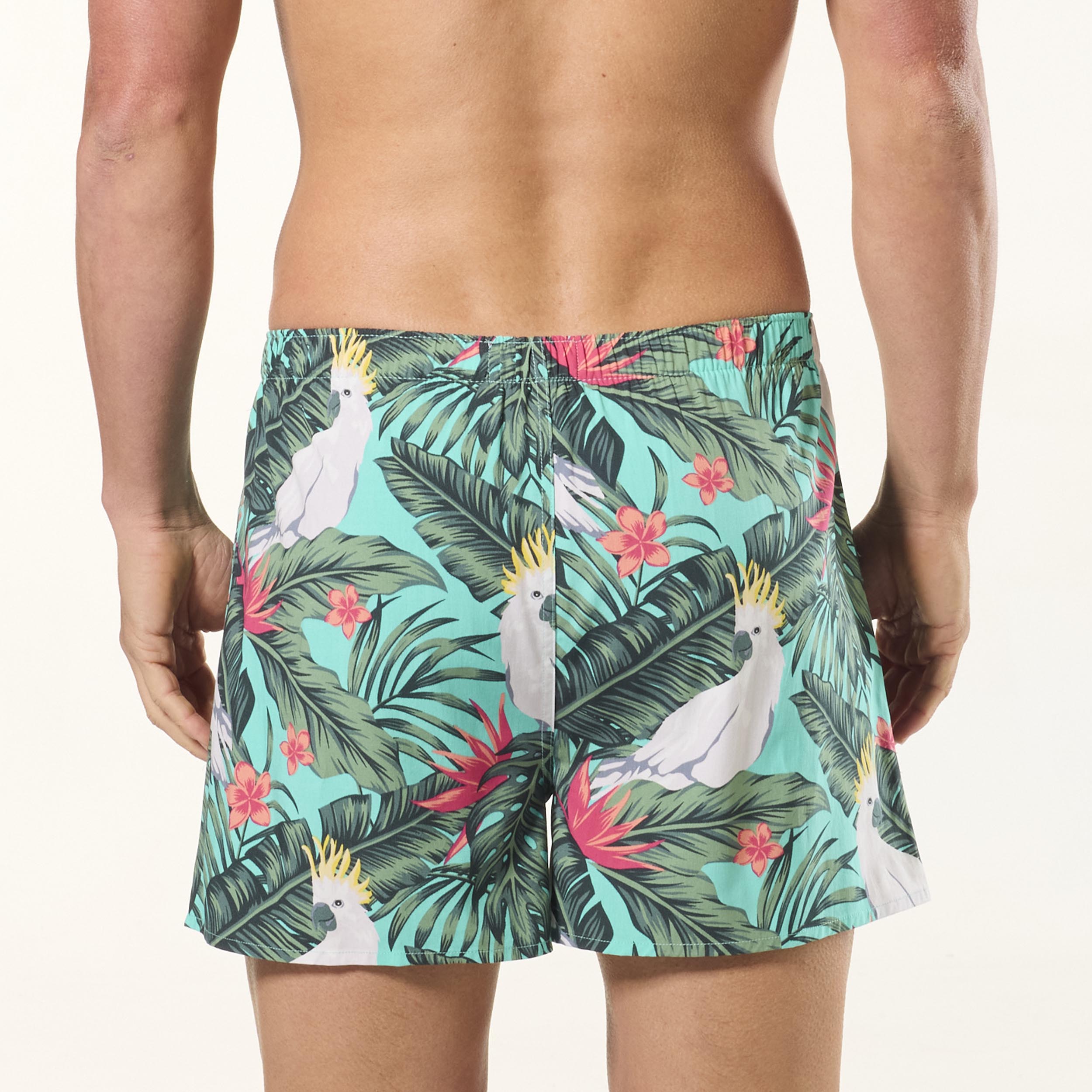 Men's Breathable Bamboo Boxer Shorts with Cockatoo Leaves Print - Comfortable & Eco-Friendly Underwear for Lounge, Sleep & Travel - Green