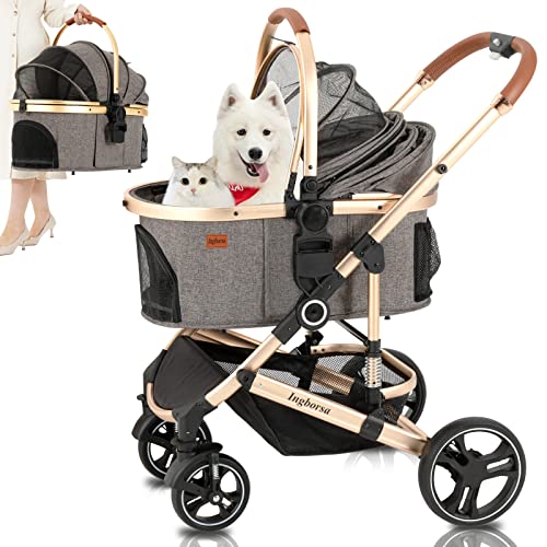 Ingborsa 4-Wheel Foldable Pet Stroller for Small & Medium Dogs & Cats - Lightweight Aluminum Alloy Frame, Removable Liner & Storage Basket - Perfect for Travel, Walks & Vet Visits