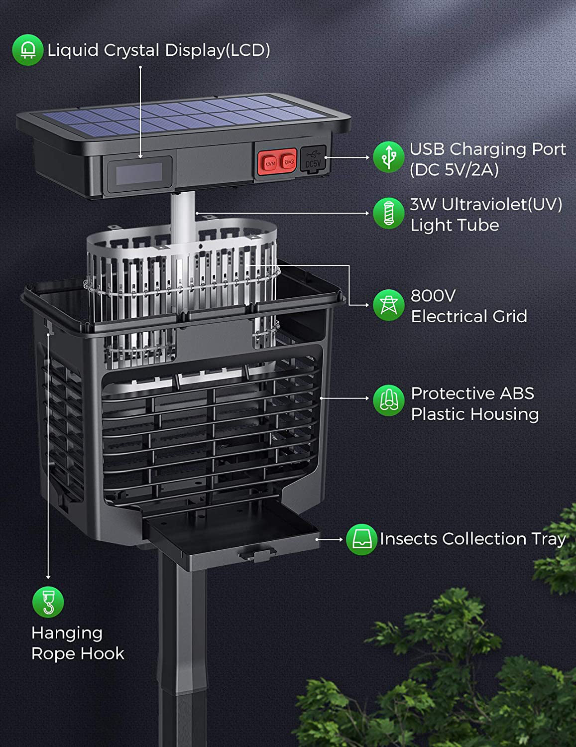 CD298 Solar Powered & USB Rechargeable Bug Zapper for Outdoor Use - Effective Mosquito & Insect Killer for Patio, Garden, Backyard, and Camping