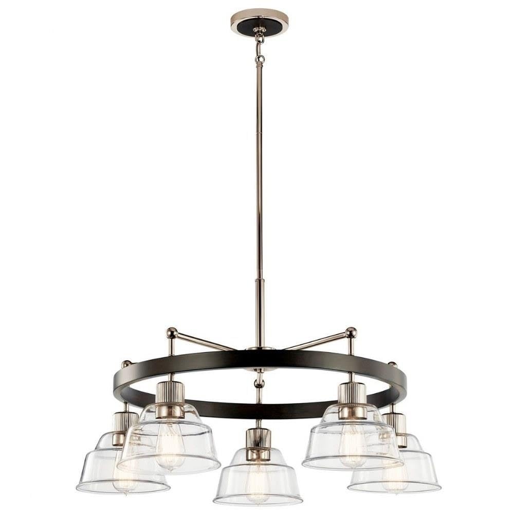 Kichler Eastmont 5-Light Chandelier - Polished Nickel & Walnut Wood with Clear Glass Shades | Elegant Dining Room Lighting for Home Decor