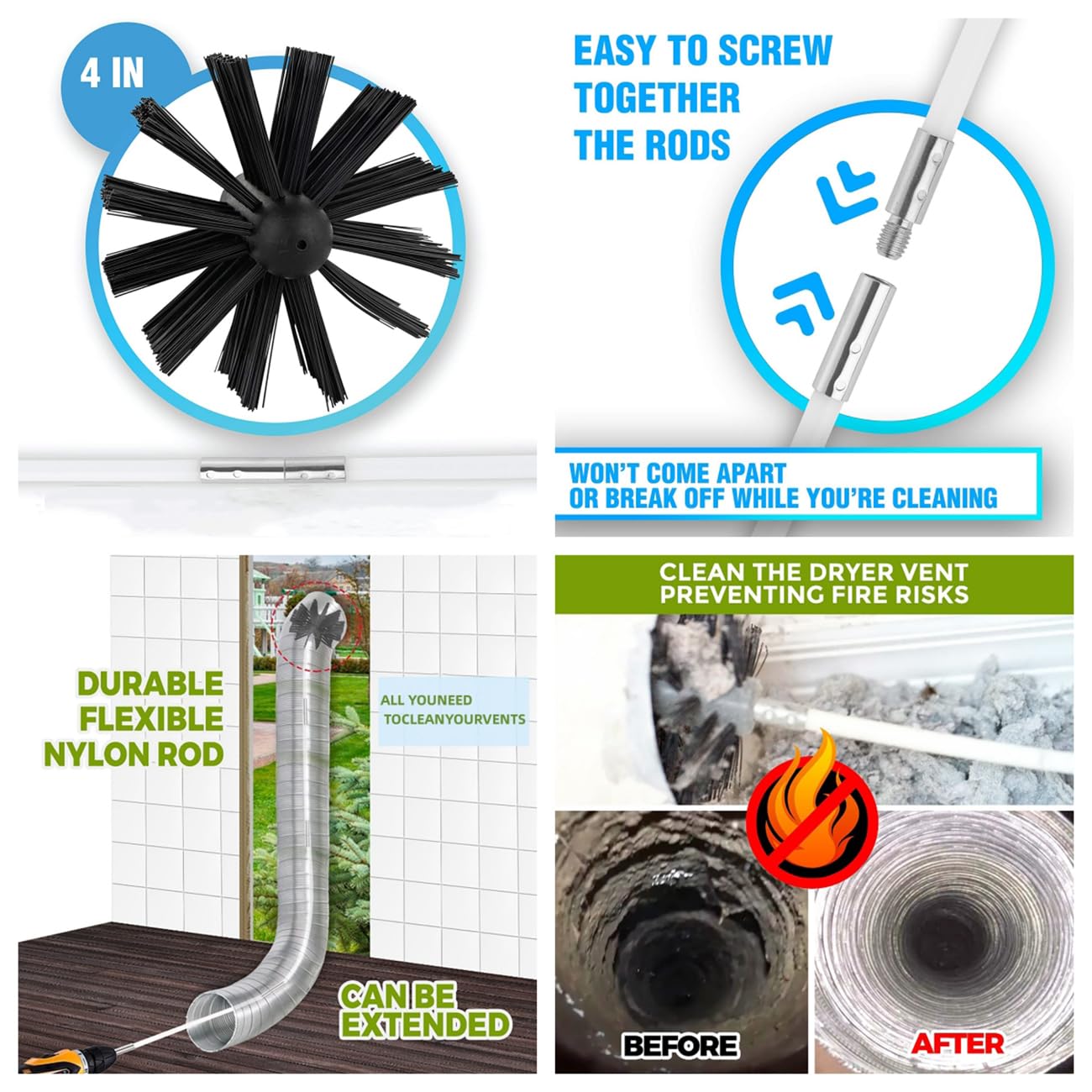 19-Piece Chimney & Dryer Vent Cleaning Kit - 12 Nylon Rods, 2 Brush Heads, 2 Drill Connectors, 1 Long Brush - Fireplace & Duct Cleaning Tools for Home Maintenance & Safety
