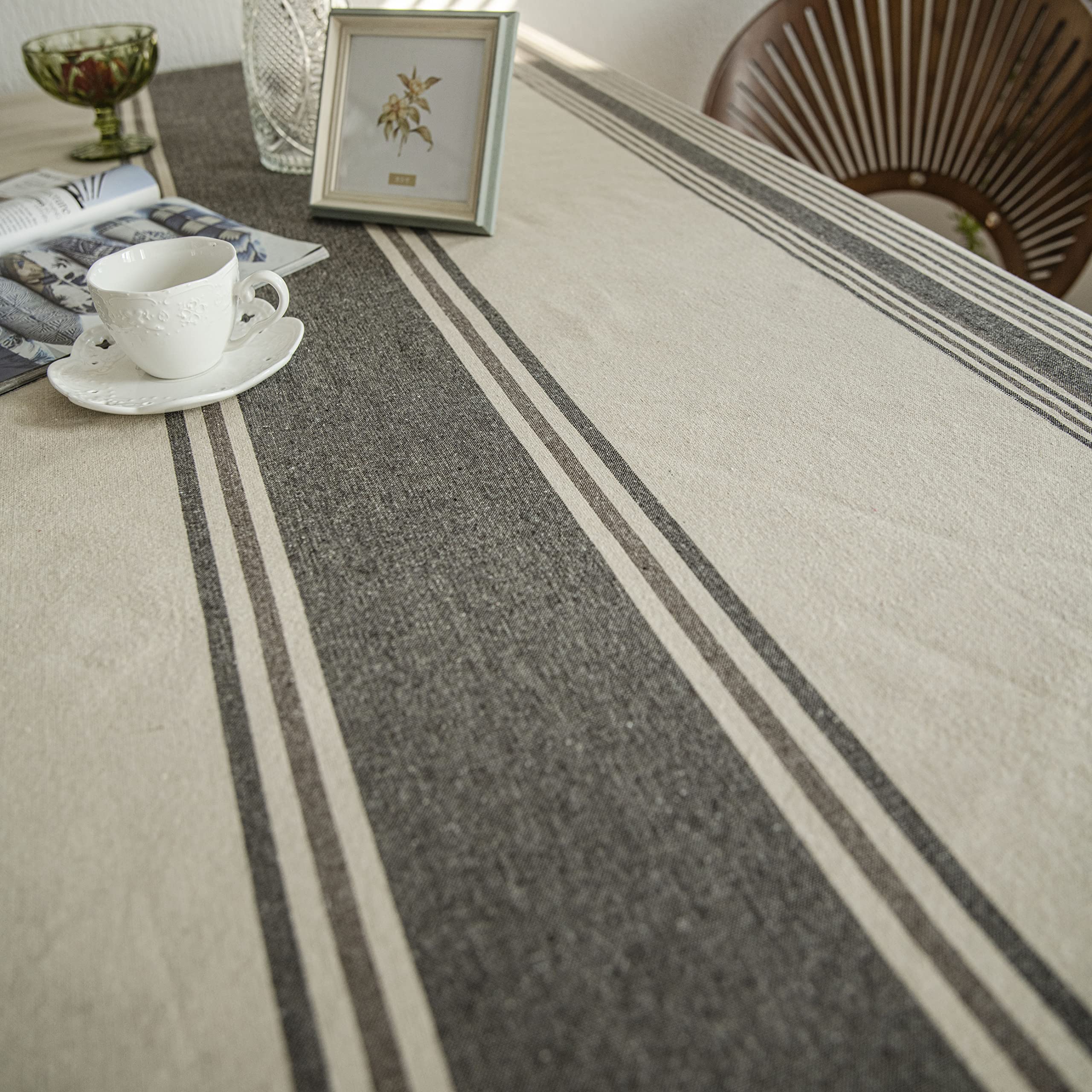 ArtBud Heavy Duty Burlap Cotton Linen Tablecloth - Farmhouse Style Striped Rectangle Table Cover 55