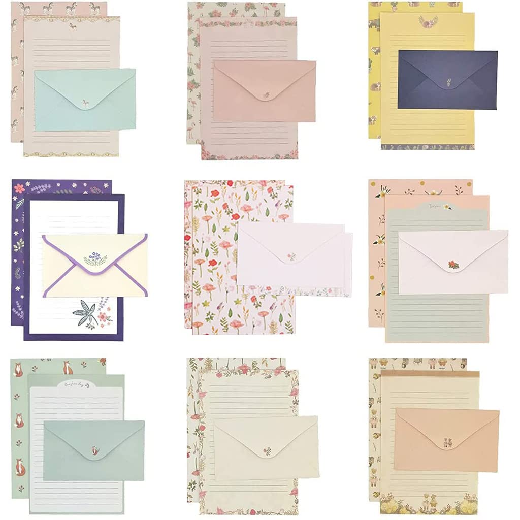 81-Piece Stationery Paper and Envelopes Set - 54 Writing Papers & 27 Envelopes - 9 Unique Designs for Letters, Thank You Cards & Office Correspondence - Perfect for Home, School & Business Use