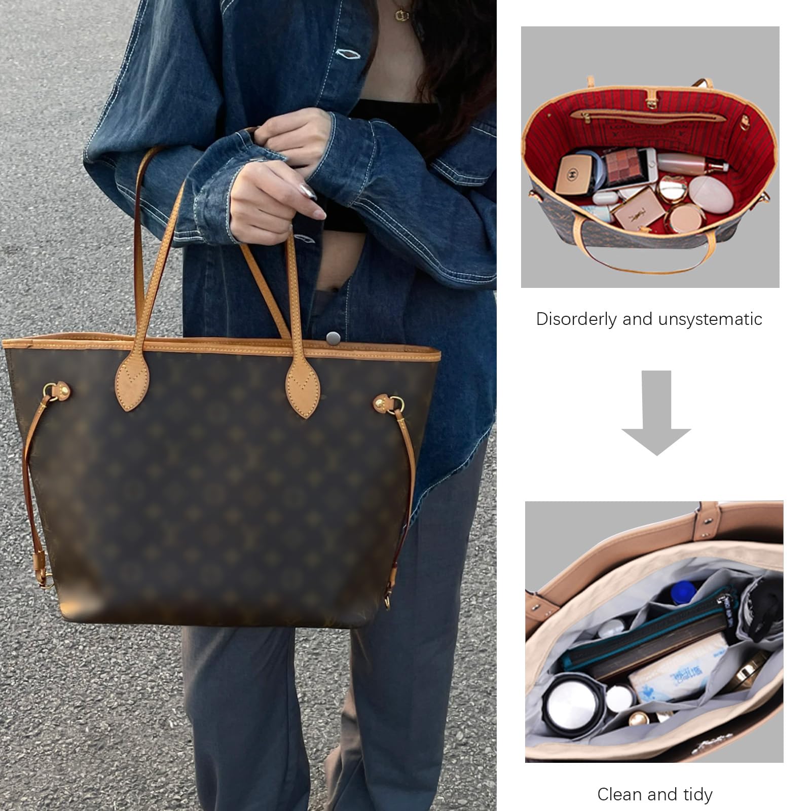 Lckaey Purse Organizer Insert for Neverfull GM MM Graceful PM - Khaki XL | Handbag Organizer for Travel, Work & Daily Use