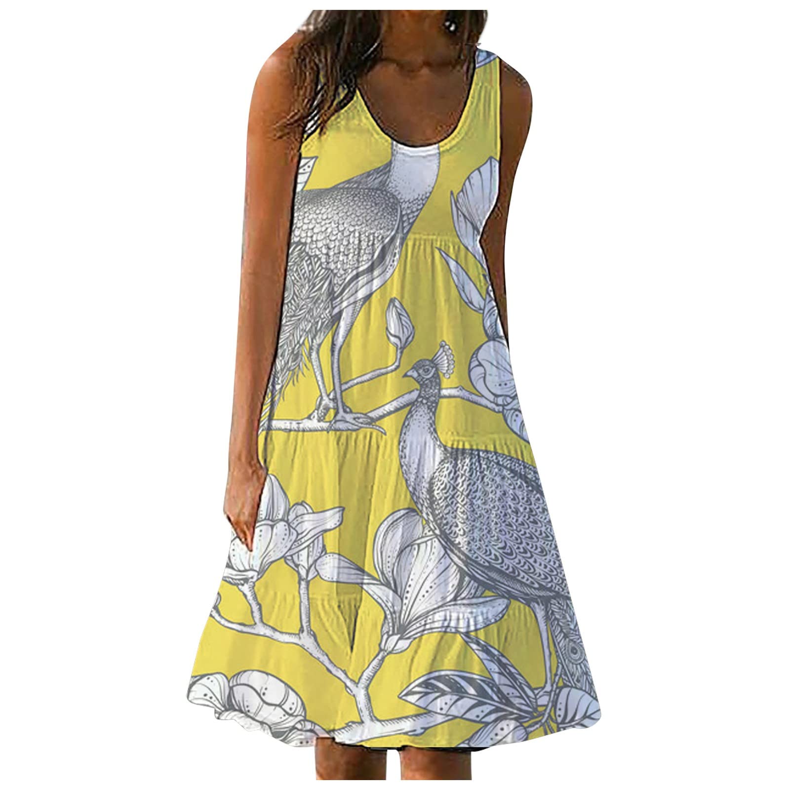 XHJUN Women's Summer Floral Print Beach Dress - Round Neck Sleeveless Wedding Guest Dress 2022 | Perfect for Beach Vacations, Garden Parties & Summer Weddings