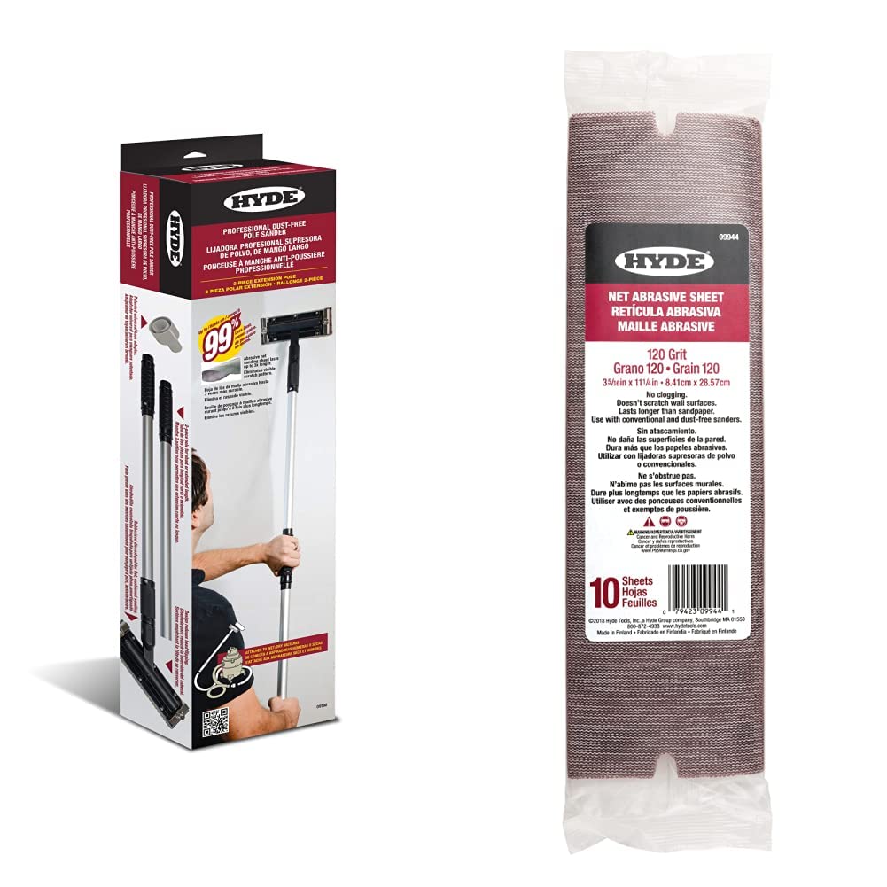 HYDE Professional Pole Sander Kit with 10 Abrasive Sanding Net Sheets - Drywall, Wood & Paint Sanding for Home Renovation Projects