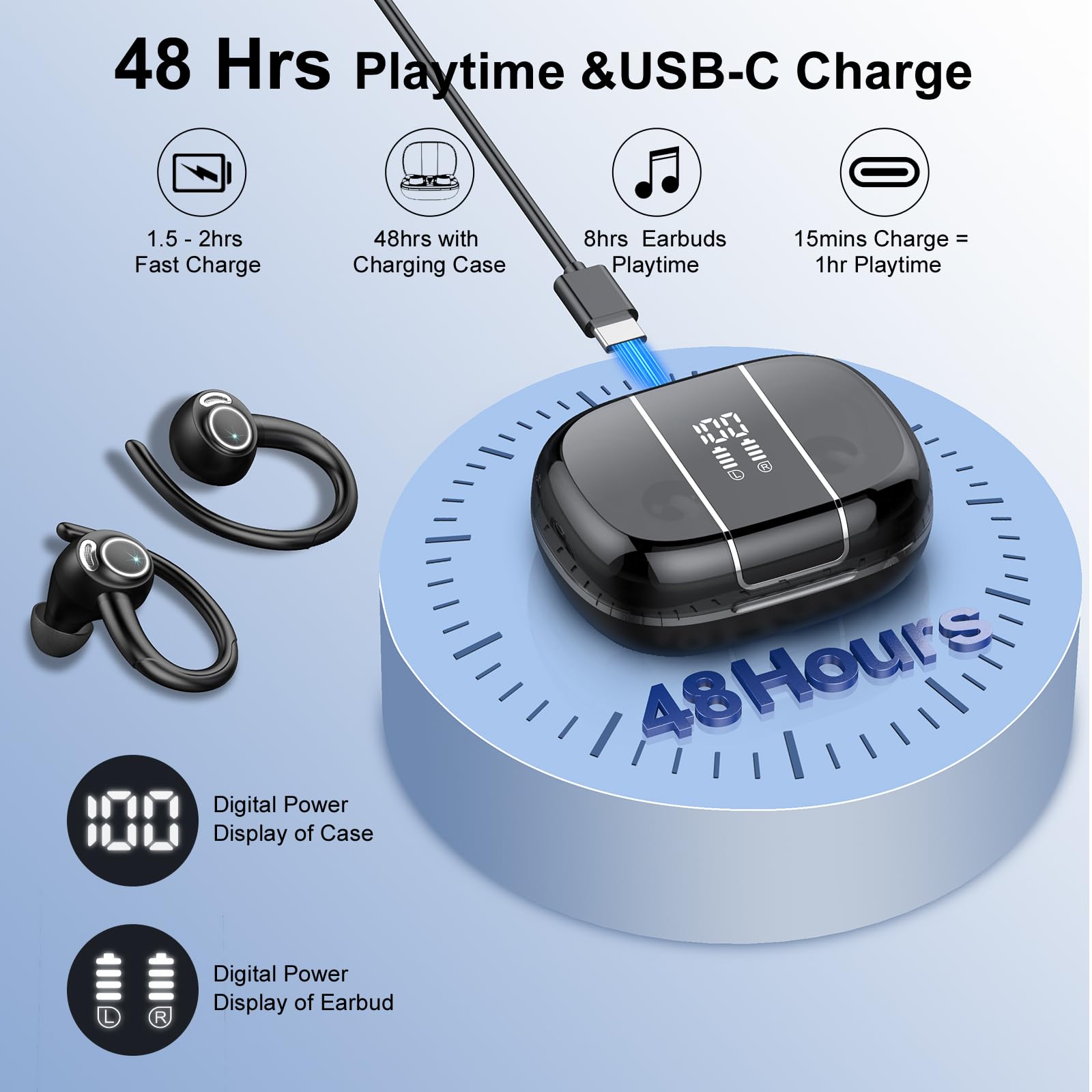 Wireless Bluetooth 5.3 Earbuds with Earhooks - 48H Playtime, Deep Bass Stereo Sound, HD Mic & IP7 Waterproof - Sport Headphones for Running, Workout, Gym, Travel & Daily Use