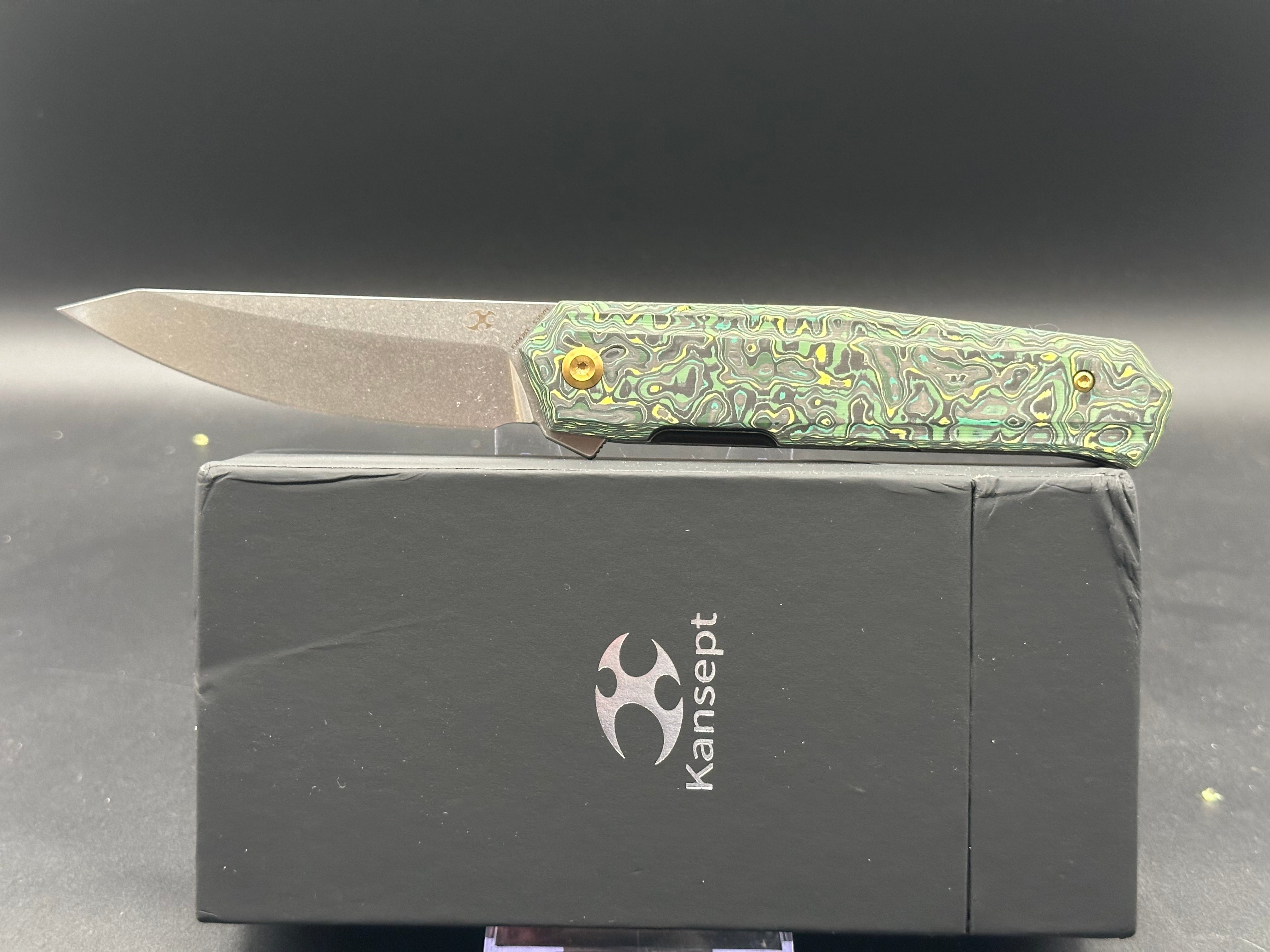 KANSEPT INTEGRA Folding Pocket Knife - Green/Yellow Carbon Fiber Handle, S35VN Steel Plain Edge, Black Stonewash Finish (K1042B3) | EDC, Outdoor Camping, Survival & Everyday Carry Knife