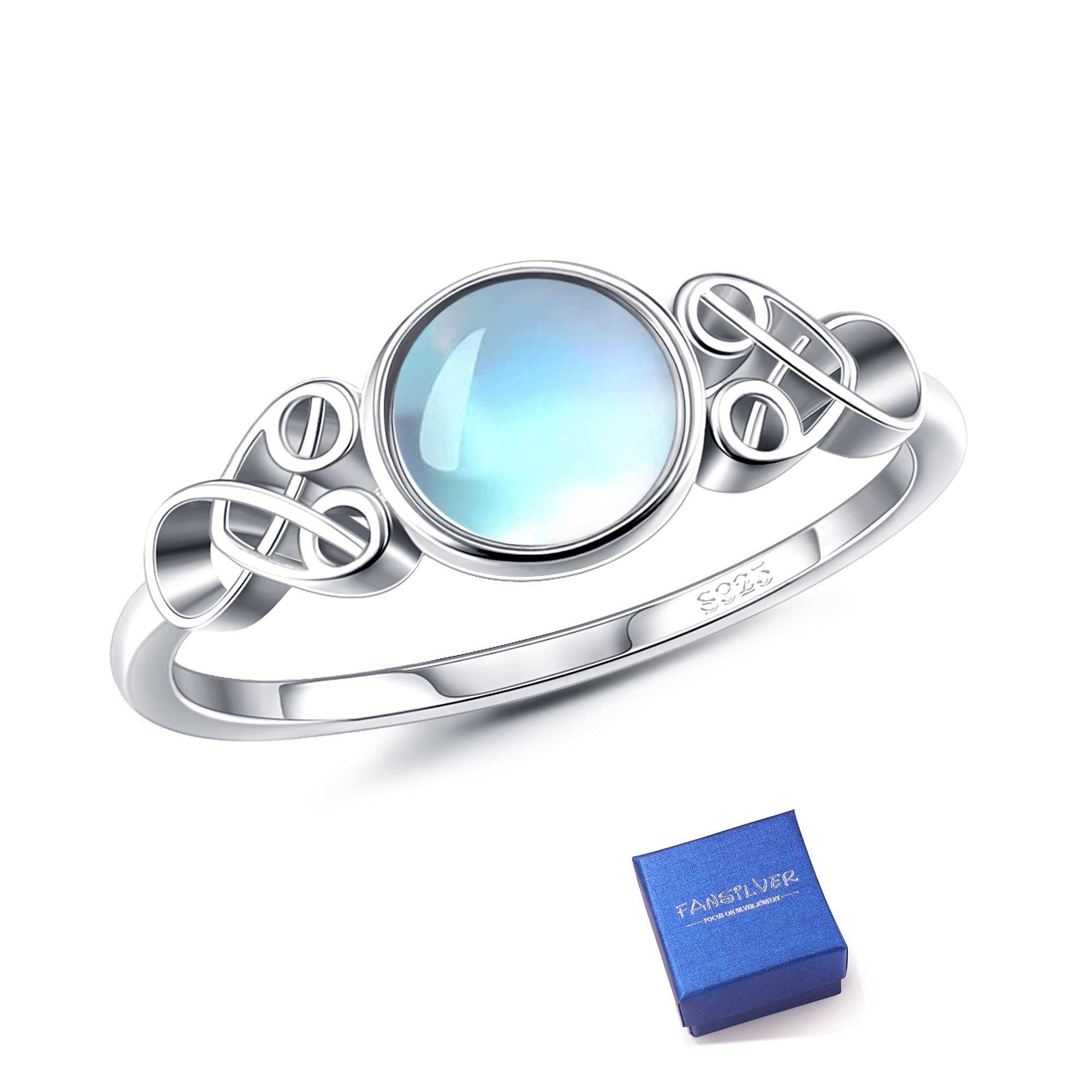 Fansilver Moonstone Ring Sterling Silver for Women – Celtic Knot Design, Round Synthetic Moonstone, Victorian Style Dainty Ring – Perfect for Engagement, Anniversary & Wedding – Size 5-9 – Elegant Jewelry Gift for Her, Boho Chic Accessory for Special Occasions