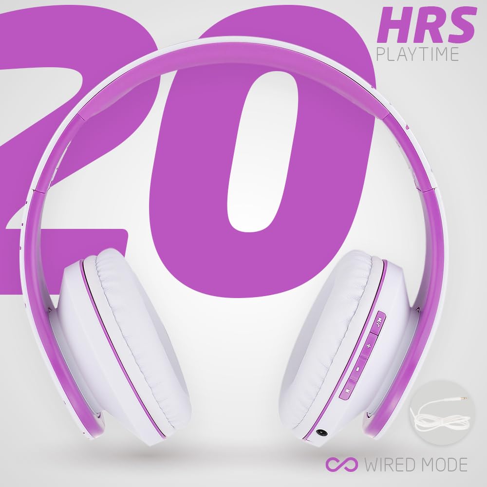 PowerLocus Bluetooth Over-Ear Headphones - Wireless & Wired Stereo Headset with Built-in Mic, Foldable Design, Micro SD/TF & FM Radio - Compatible with iPhone, Samsung, iPad, PC (White/Violet) - Perfect for Travel, Workouts & Home Entertainment