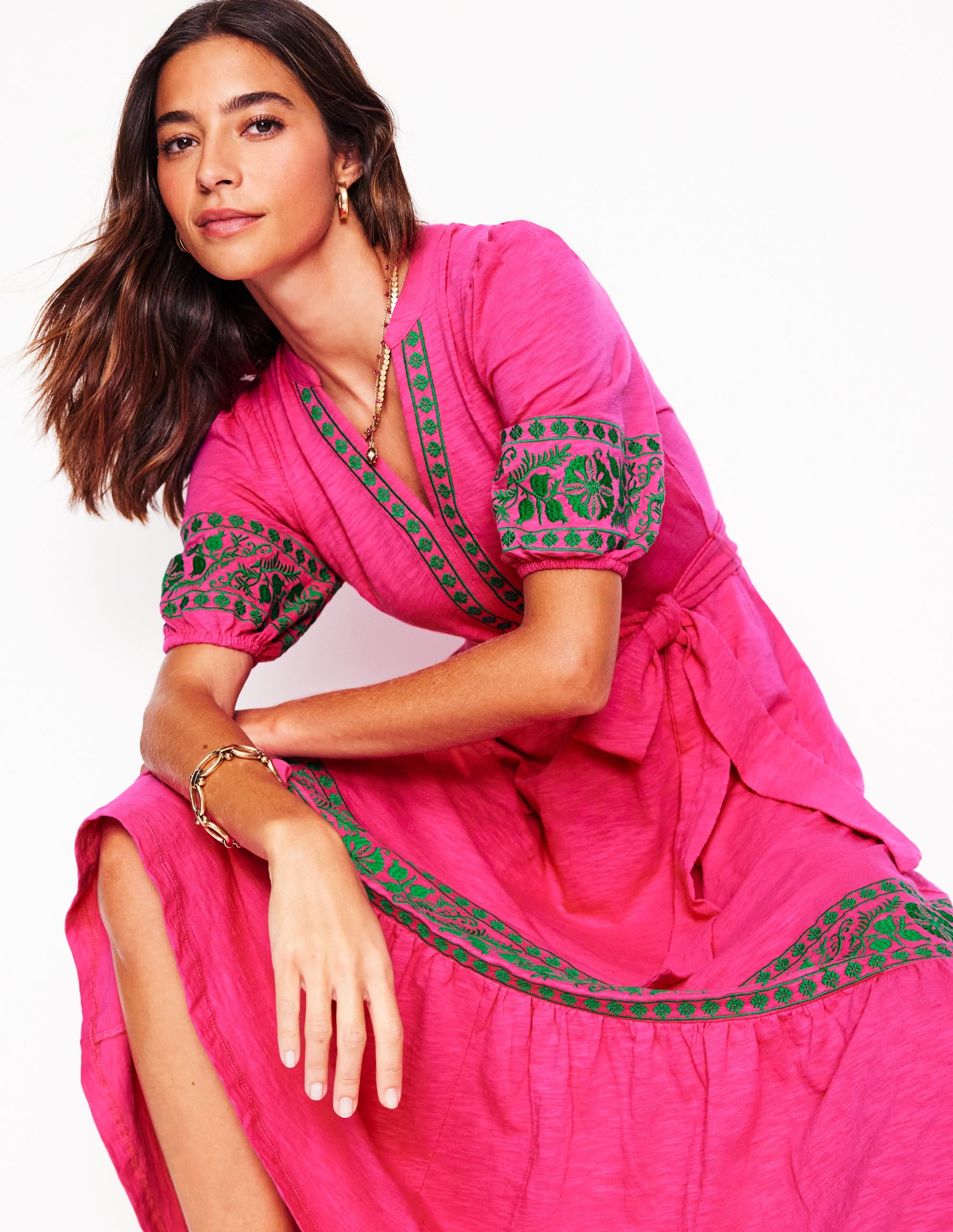 Amara Embroidered Jersey Dress in Pink Peony - Flowy Summer Dress for Women, Perfect for Beach Vacations, Weddings & Casual Outings