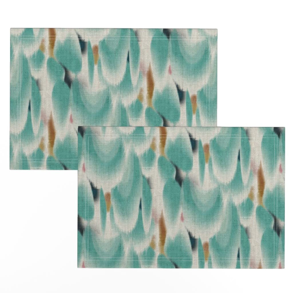 Premium Linen Cotton Canvas Placemats Set of 2 - Japanese Abstract Aqua Shibori Spots Print Table Mats for Dining, Kitchen & Home Decor (Green Blue Teal)
