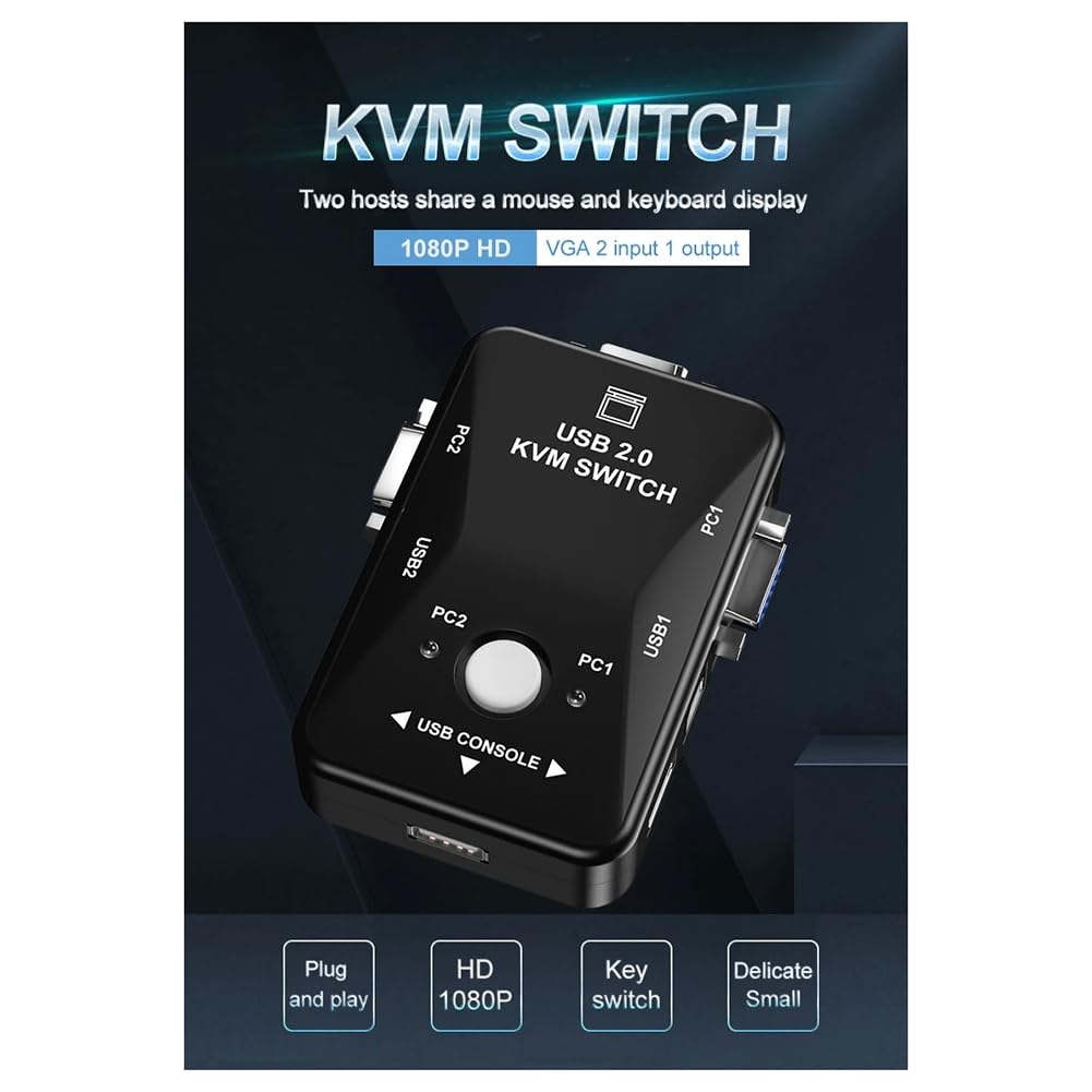 ANNJUC 2-Port USB KVM Switch with VGA/SVGA Support - Keyboard, Mouse & Monitor Sharing Switch for 2 Computers | Perfect for Home Office, Gaming Setup & Multi-PC Workstations