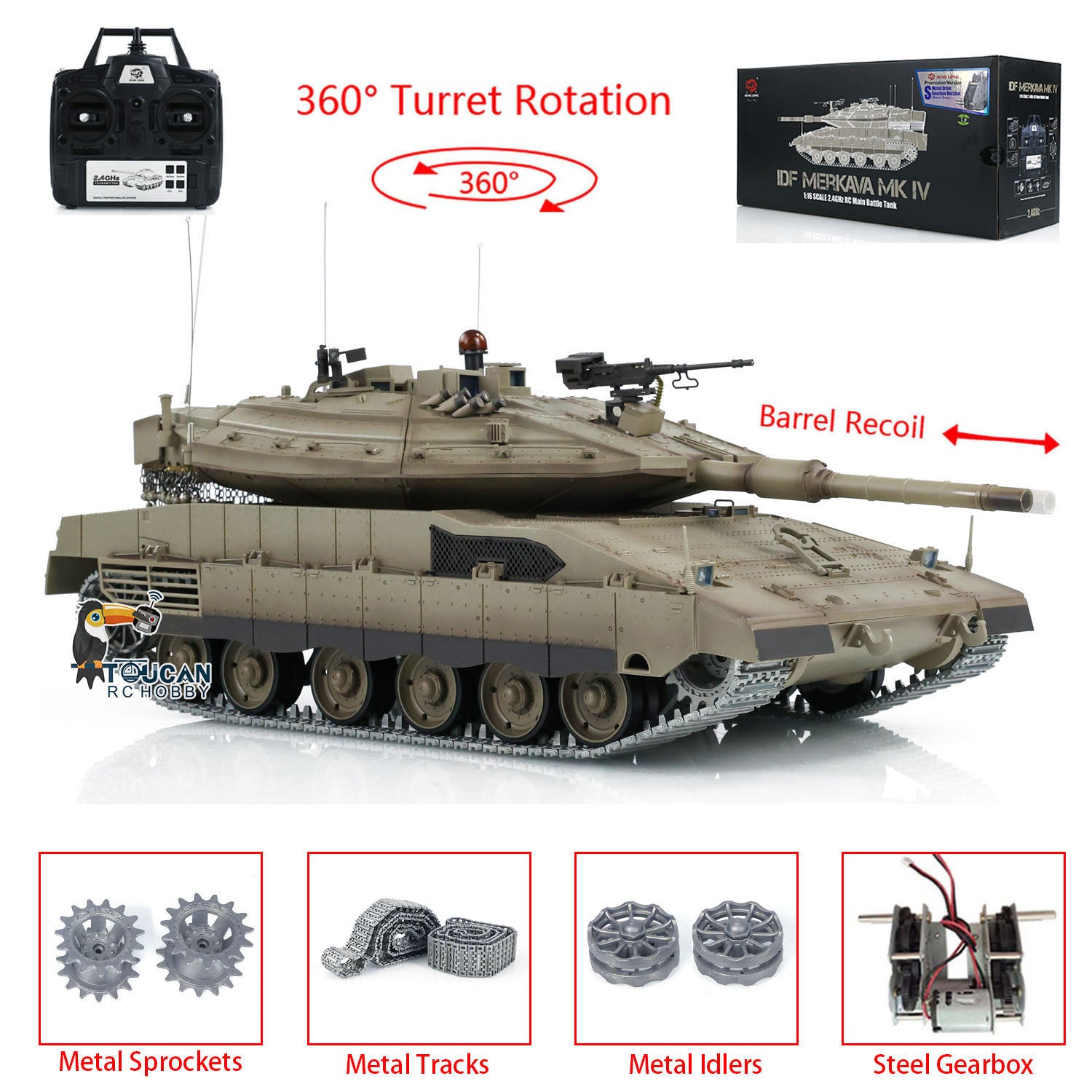 1:16 Scale RC Military Battle Tank - Heng Long IDF Merkava MK IV 3958 Upgraded Edition with Metal Gearbox & Tracks | Remote Control Model Tank for Collectors & Battle Simulation | Perfect for Outdoor Play, Military Enthusiasts & Display