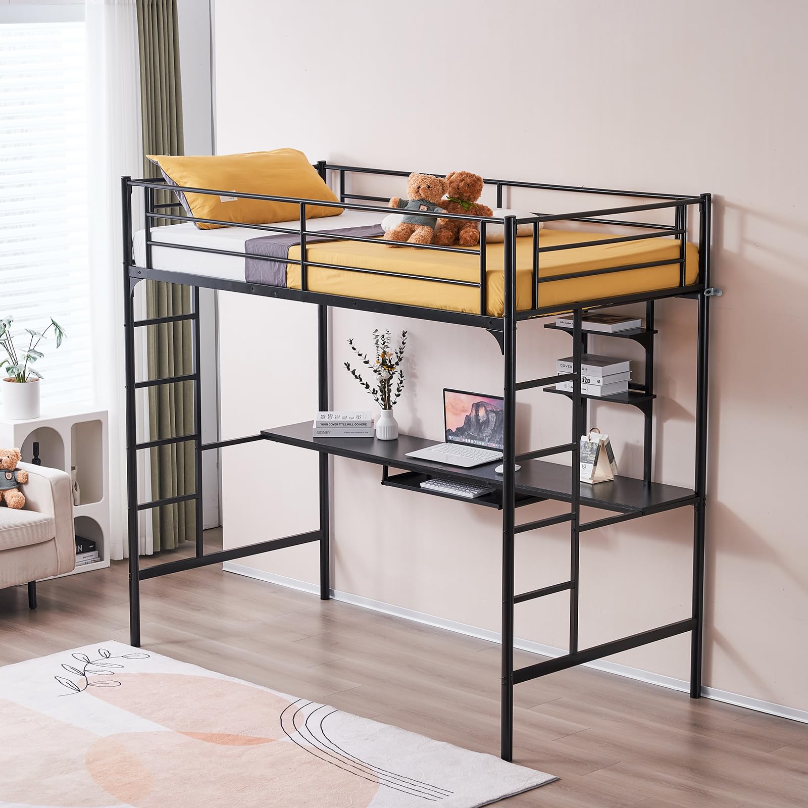 Karl Home Twin Loft Bed with Desk & Storage Shelves - Space Saving Bunk Bed for Kids, Teens & Adults - No Box Spring Needed - Quiet Study & Sleep Solution - Perfect for Small Bedrooms, Dorms & Apartments (Black)