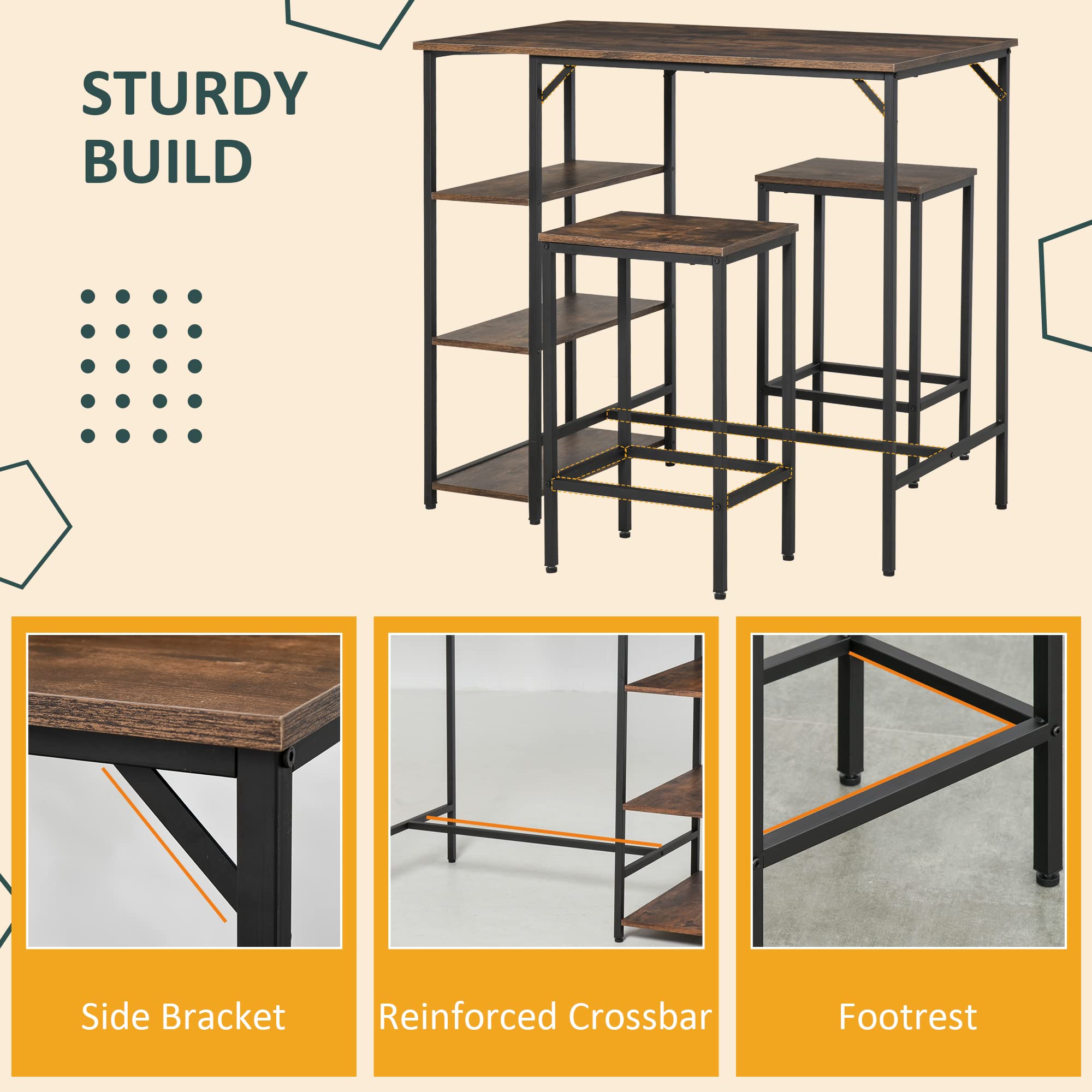 HOMCOM Industrial 3-Piece Counter Height Dining Set - Rustic Brown Bar Table with 2 Stools & Storage Shelf for Kitchen, Bistro, or Small Space