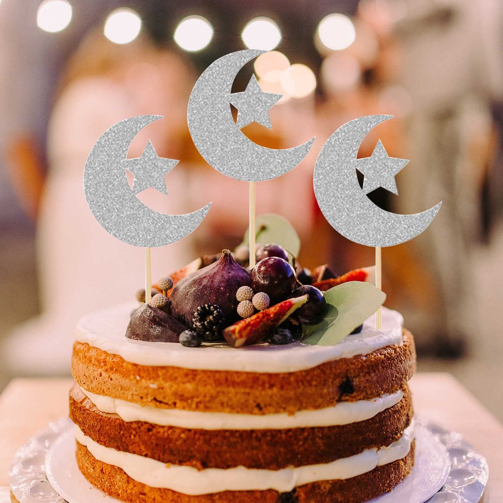 24pcs Silver Moon Star Cupcake Toppers - Glitter Eid Mubarak Cake Decorations, Food Picks for Wedding, Birthday, Baby Shower, Ramadan Kareem Party Supplies - Perfect for Festive Celebrations & Dessert Displays