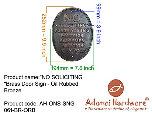 Adonai Hardware Large Oval NO SOLICITING Brass Door Sign - Oil Rubbed Bronze Finish - Perfect for Home, Office & Business Entrance Security