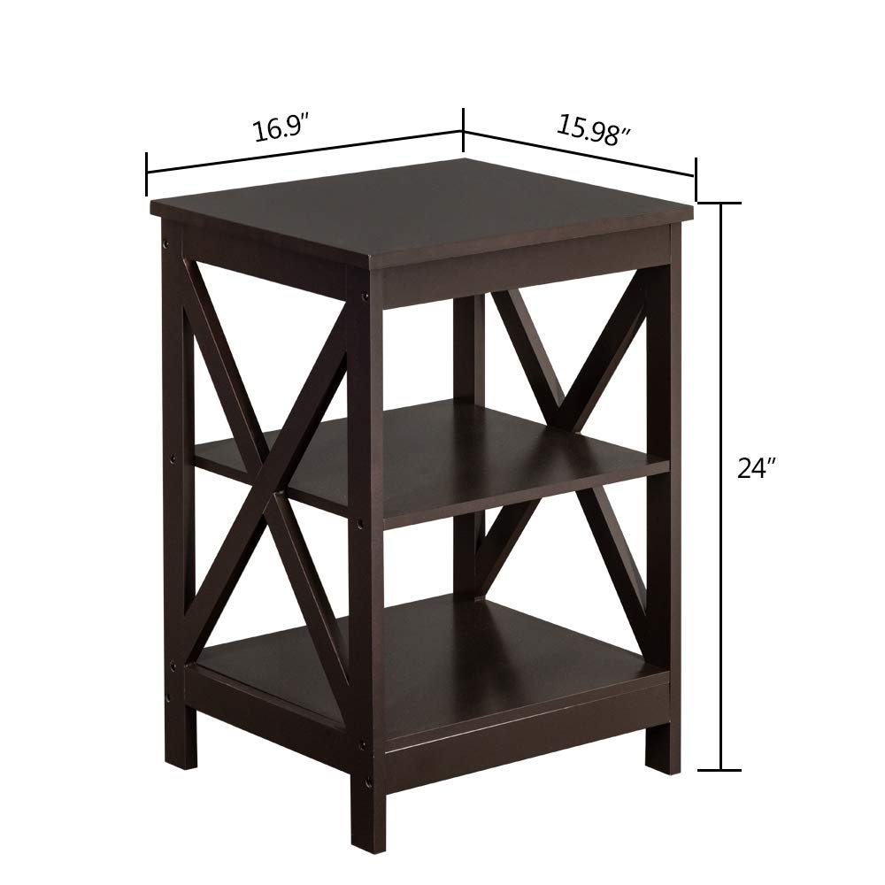 3-Tier Wooden X-Design Side Table - Sofa End Table, Bedside Nightstand with Shelf for Living Room, Bedroom & Office - Home Furniture Organizer & Display Unit