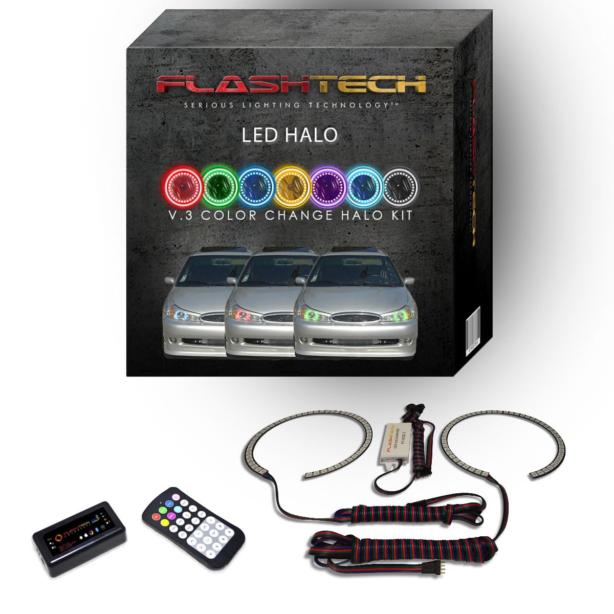 Flashtech LED RGB Multi-Color Halo Ring Headlight Kit with ColorFuse Bright Bluetooth RF Remote & App Control - Compatible with Ford Contour 1998-2000 | Upgrade Car Lighting for Night Driving & Custom Styling