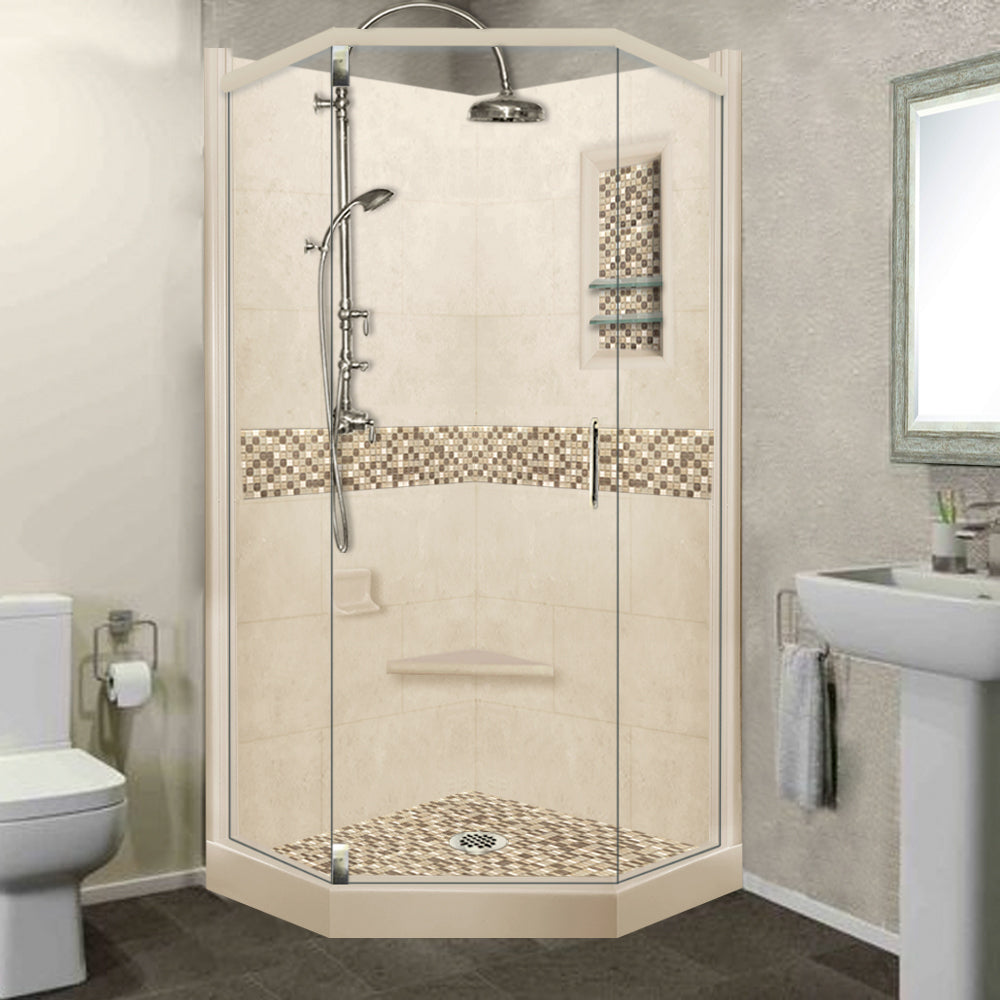 Neo Angle Desert Sand Sistine Stone & Roma Mosaic DIY Shower Remodel Kit - Perfect for Bathroom Renovation and Modern Shower Tile Installation