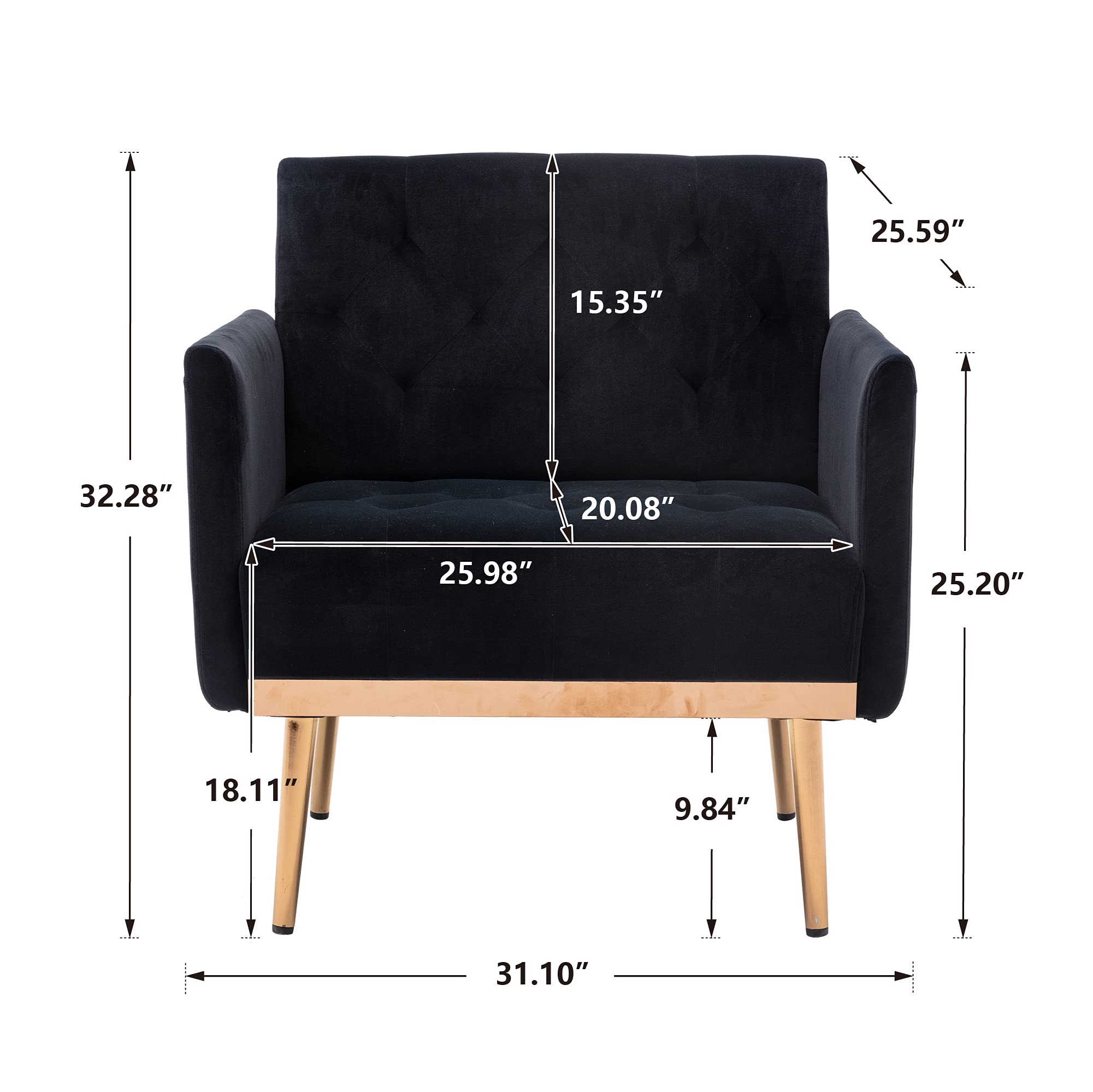 Luxury Velvet Accent Chair - Modern Upholstered Single Sofa with Rose Gold Metal Legs, Contemporary Club Chair for Living Room, Bedroom, Lounge - Perfect for Reading Nook, Home Office & Apartment Decor (Black)