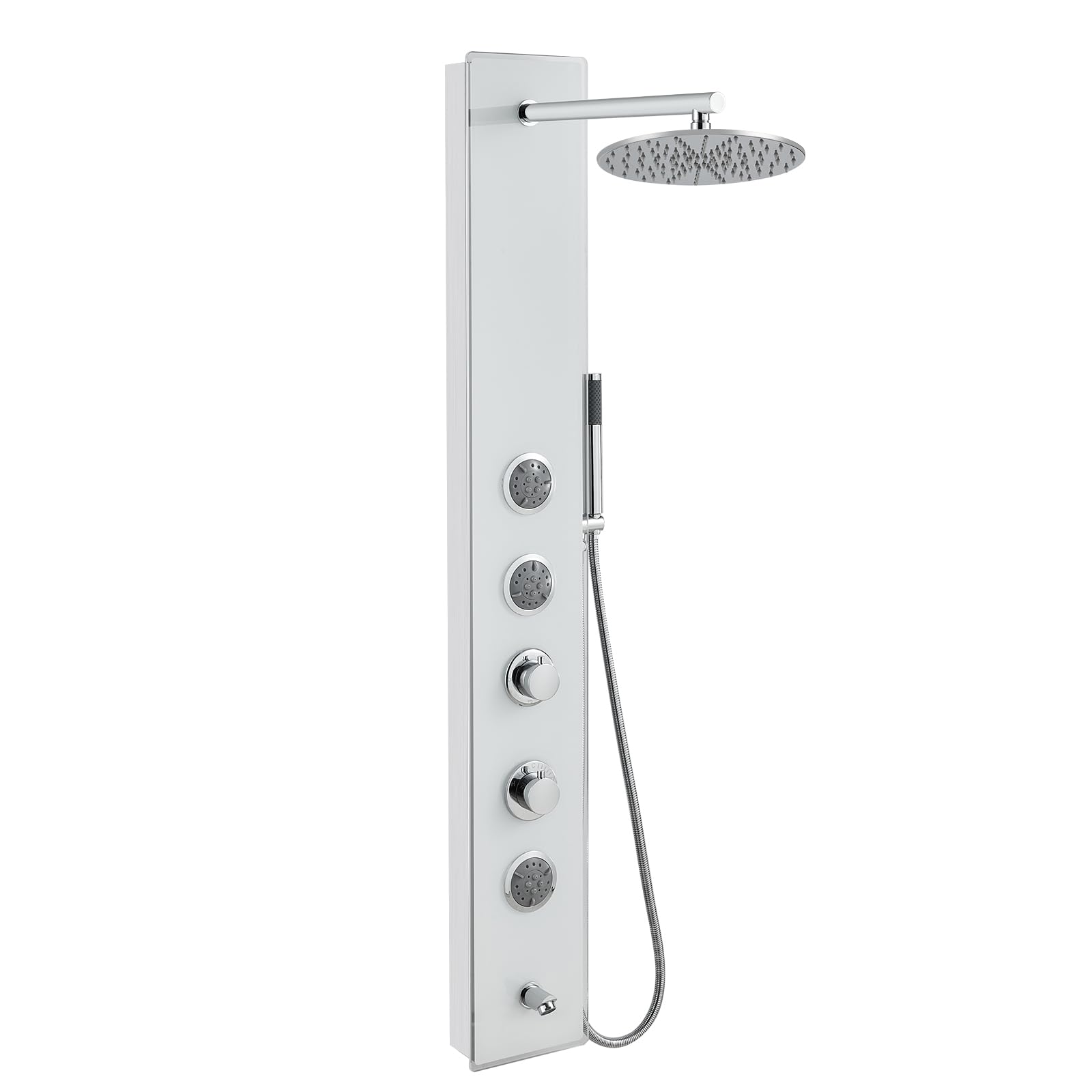 Premium White Glass Shower Panel Tower System - 304 Stainless Steel & Glass 4-in-1 Shower Tower with 9
