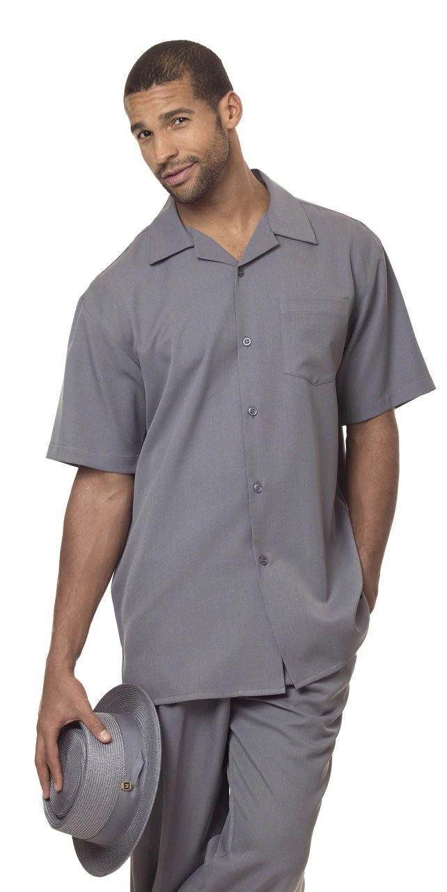 Montique Men's 2-Piece Short Sleeve Walking Suit - Solid Grey Casual Outfit for Summer Travel & Outdoor Activities
