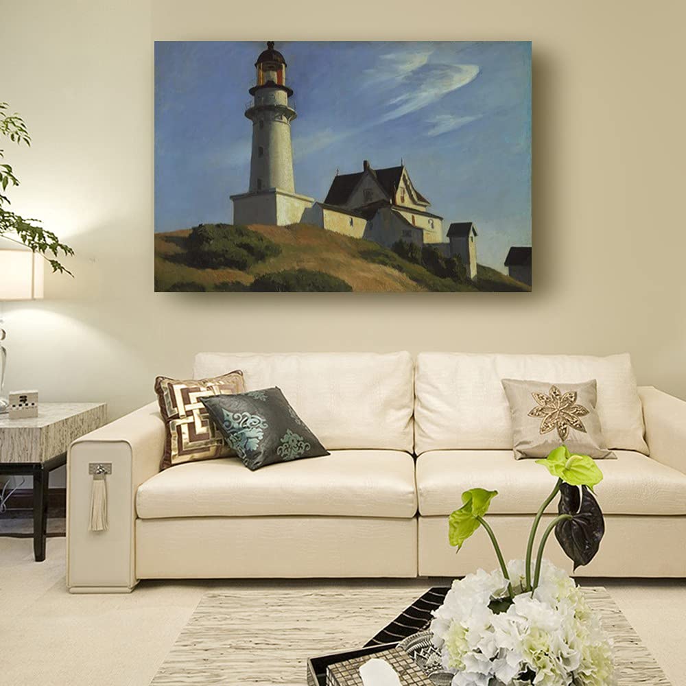 Edward Hopper Lighthouse At Two Lights Art Print - Framed Canvas Wall Decor for Living Room, Bedroom, Office - Modern New Realism Painting - Oil Giclee Print (36x24 inches, 90x60 cm) - Perfect for Coastal, Nautical & Home Interior Design