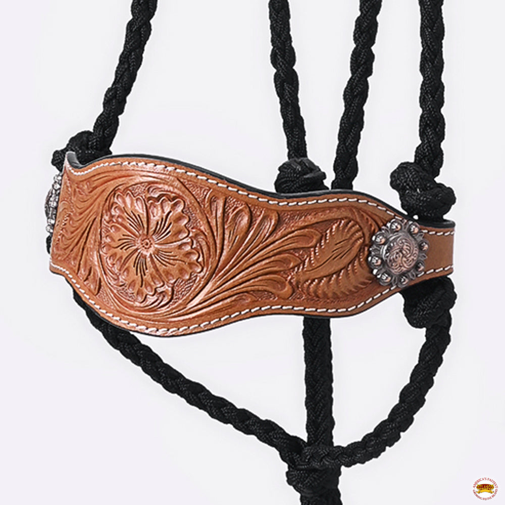 8 Ft Hilason Western Horse Halter - Durable Poly Rope with Floral Leather Accents & Lead Rope - Black - Perfect for Trail Riding, Training, and Show Horses