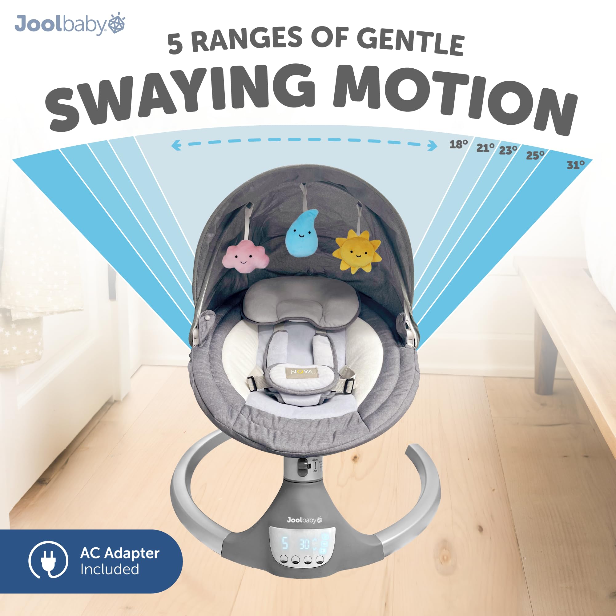 Jool Baby Nova Electric Baby Swing for Newborns & Infants - Bluetooth Enabled Motorized Infant Swing with 10 Soothing Melodies, Remote Control (2024 Model) - Perfect for Nursery, Daycare & Soothing Fussy Babies