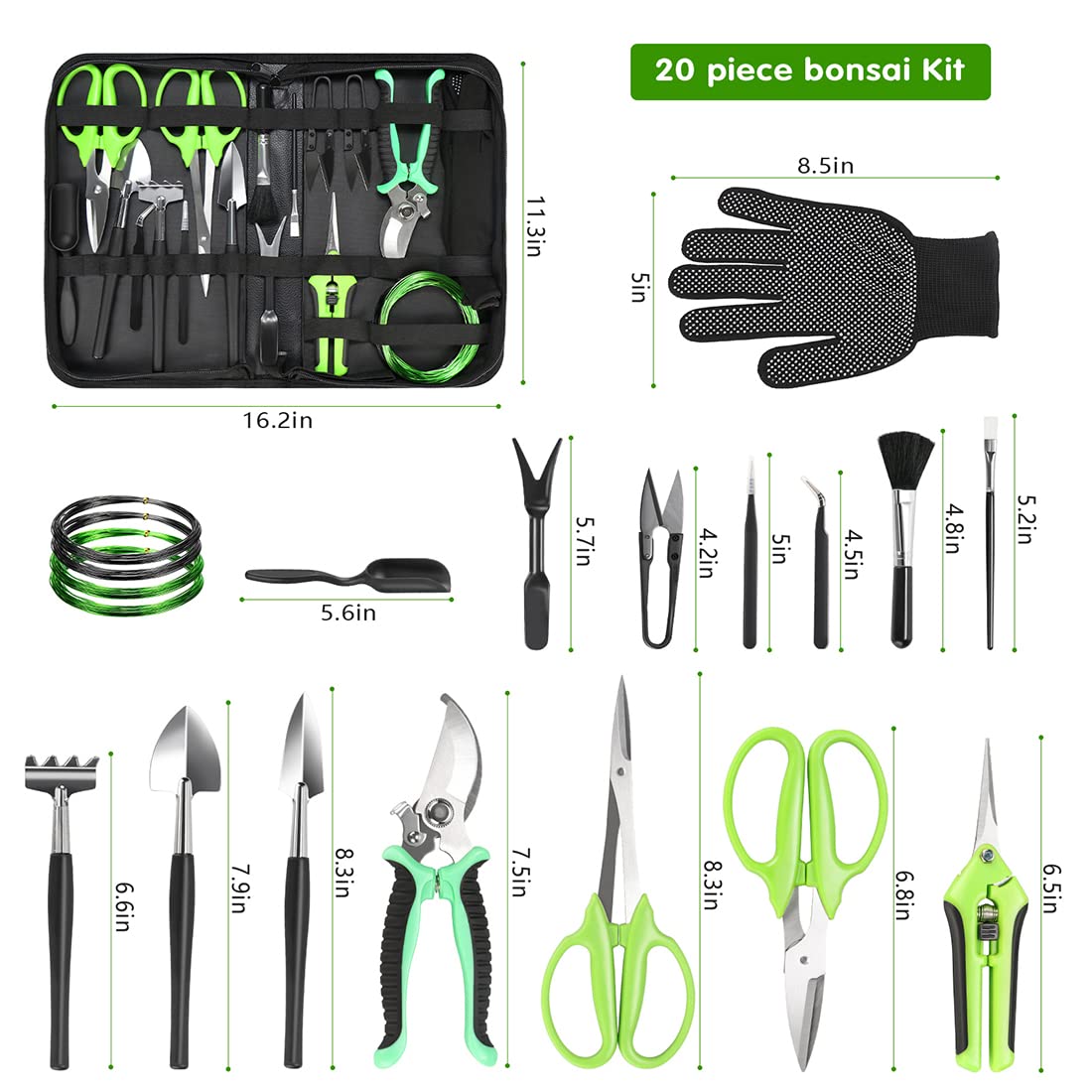 21-Piece Bonsai Tool Kit with Pruning Shears, Trimming Scissors, Training Wire & Succulent Tools - Premium Gardening Gift Set in Leather Storage Bag for Women & Plant Lovers - Perfect for Bonsai Care, Succulent Arranging & Indoor Gardening