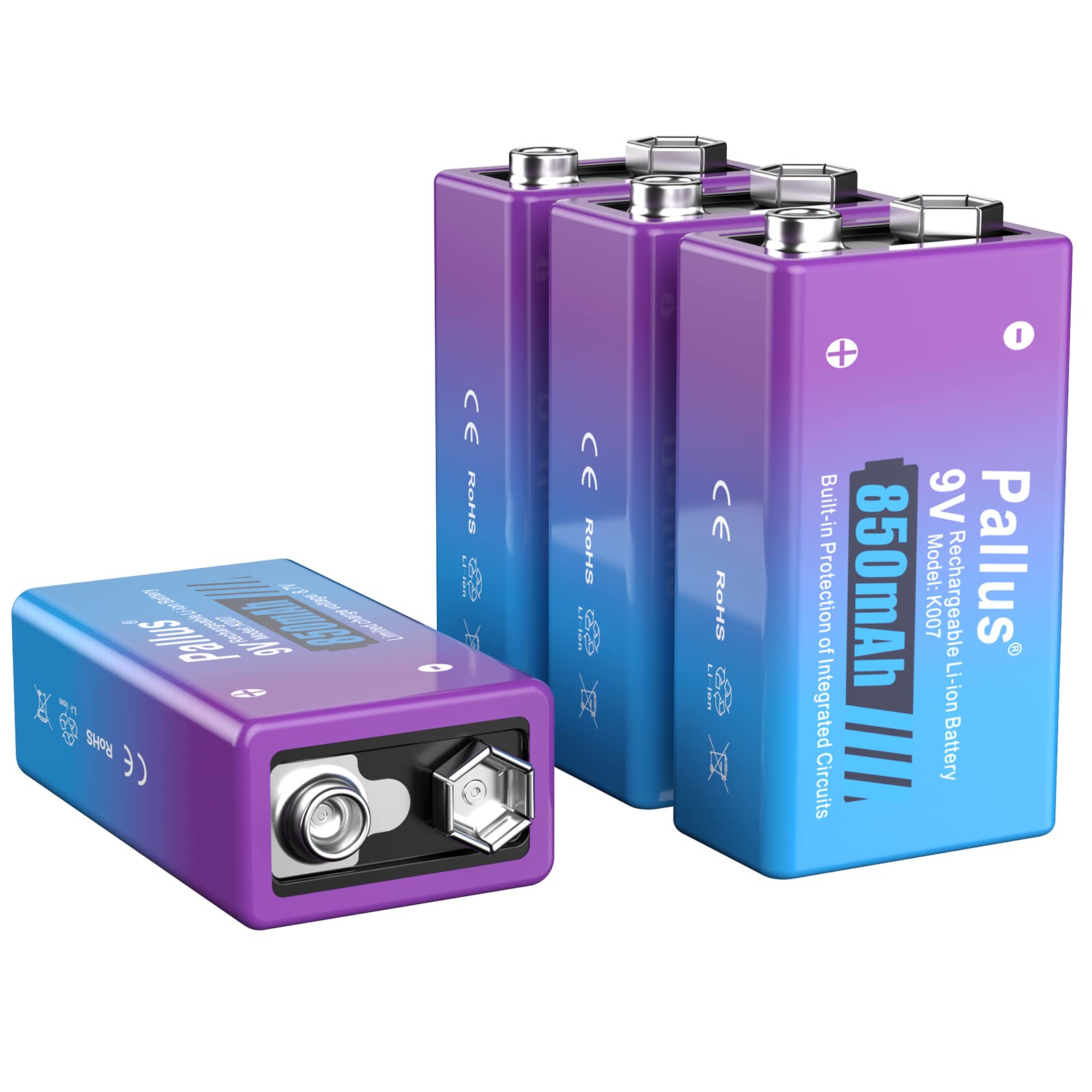 Pallus 9V Rechargeable Lithium Ion Batteries 4-Pack - 850mAh High Capacity, 2000 Cycles, Long Lasting Power for Smoke Detectors, Guitar Pedals & Electronic Devices