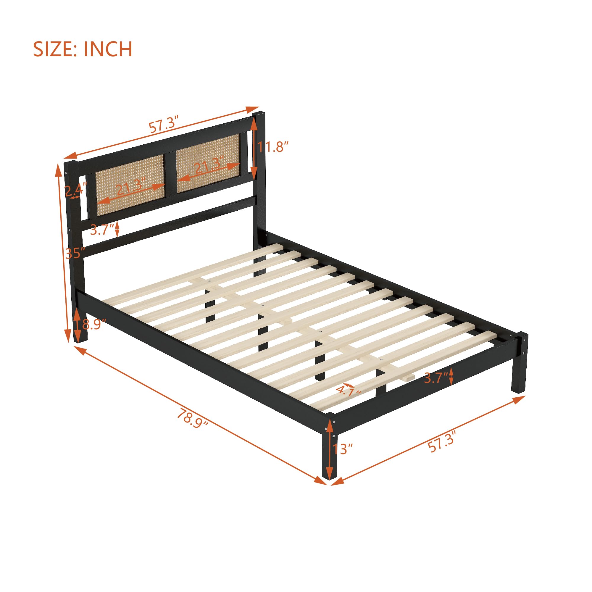Merax Full Size Bohemian Platform Bed Frame with Wooden Headboard & 2 Rattan Nightstands - 3-Piece Bedroom Set with Storage Drawers (Black) - Perfect for Modern Boho Bedrooms, Guest Rooms & Small Spaces