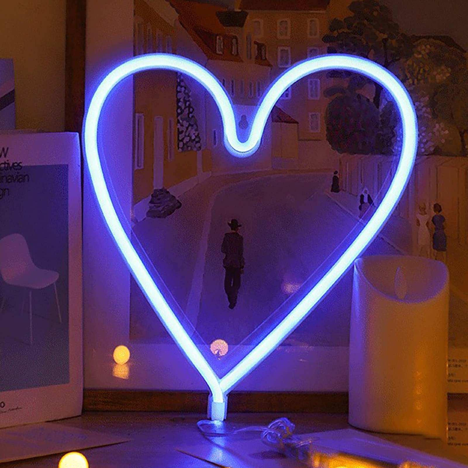 NUZYZ Romantic LED Neon Light - Rechargeable Heart Shaped Decor for Wedding, Valentine's Day Gifts (Blue) | Bedroom Wall Decor, Proposal Decoration, Anniversary Present