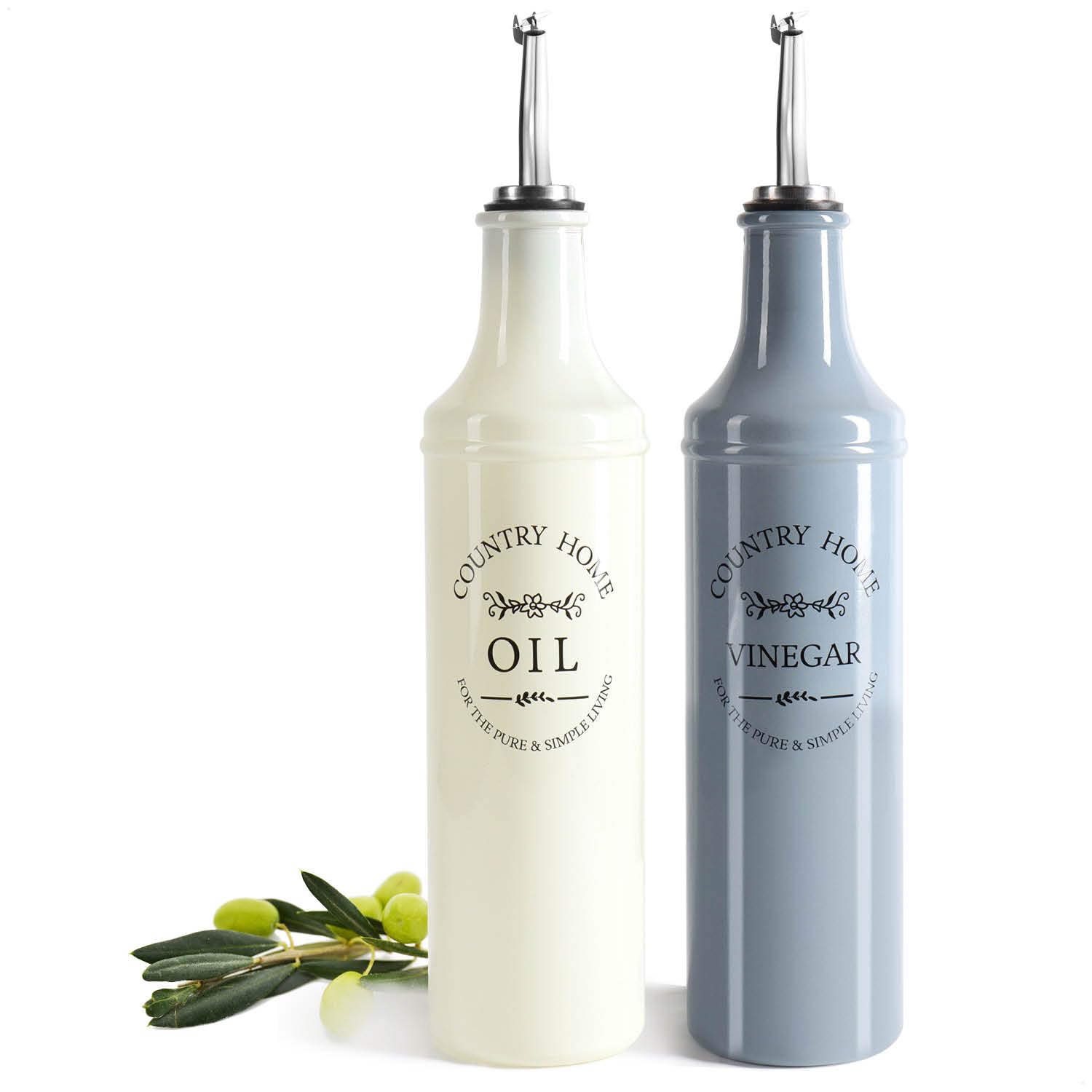 COM-FOUR® 2-Piece Oil and Vinegar Glass Bottle Set with Stainless Steel Spout - Airtight Dispenser for Kitchen Countertop, Perfect for Olive Oil, Balsamic Vinegar & Salad Dressing Storage