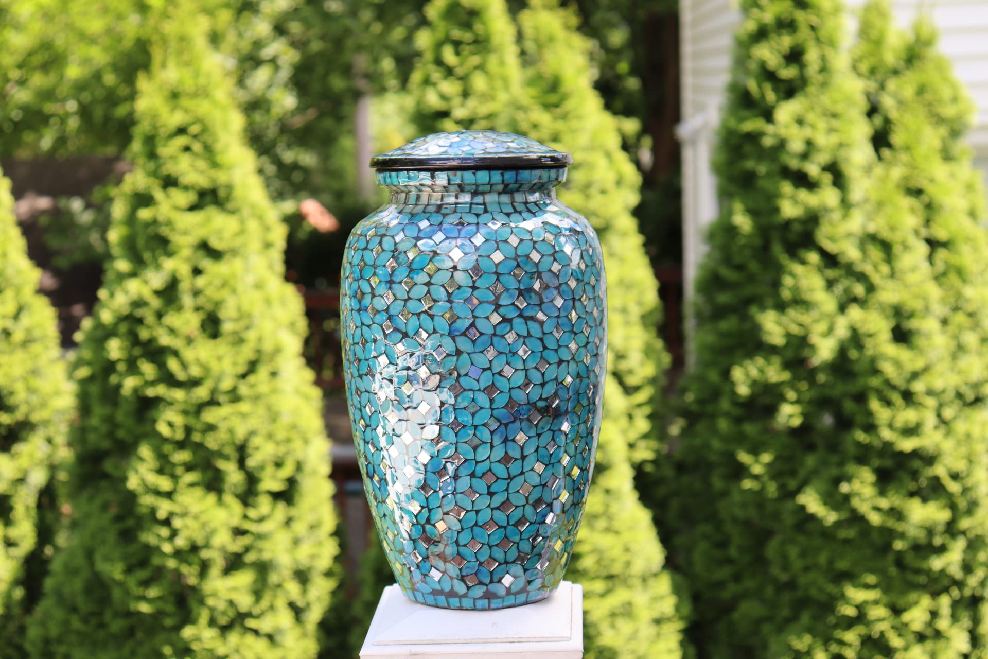Extra Large Handmade Glass Mosaic Funeral Urn for Human Ashes - 13 Inch Tall Cremation Urn Holds Up to 350 lbs - Unique Art Piece with Hand-Applied Glass Tiles - Perfect for Memorial Services & Home Display