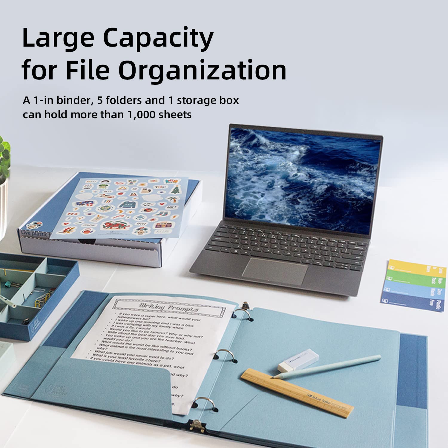 Eco-Friendly Blue Lake School & Office Supplies Kit - 22-Piece Plastic-Free Bundle with 3-Ring Binder, Folders, Pencils & Organizer Tray | Perfect for K-12, College Students & Office Use | Sustainable Back-to-School, Classroom & Work Essentials