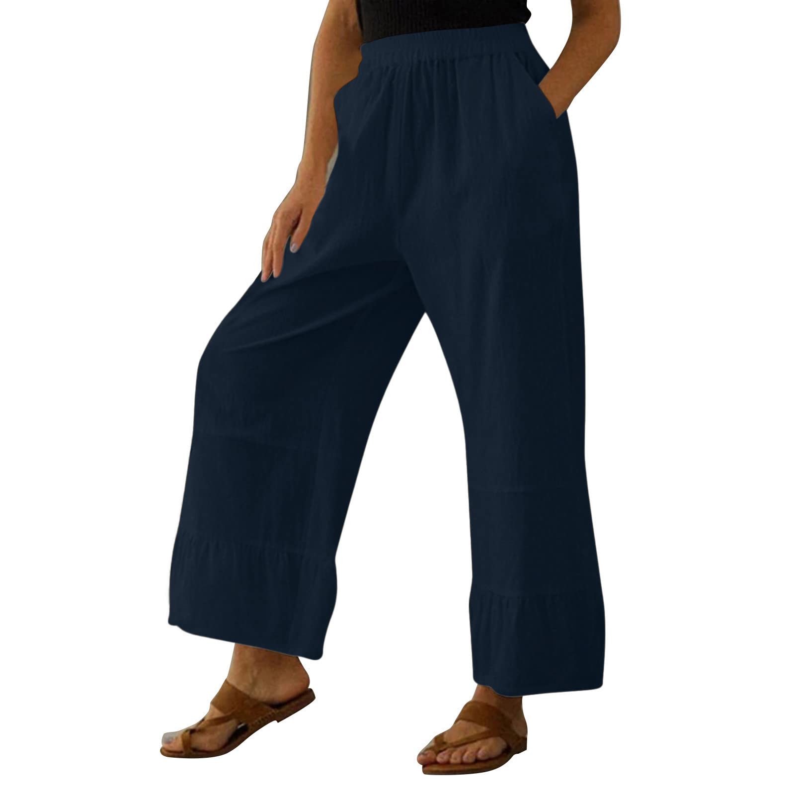 WalGRHFR Women's Cotton Linen High Waist Loose Fit Casual Pants with Pockets - Breathable Summer Trousers for Work, Travel & Everyday Wear